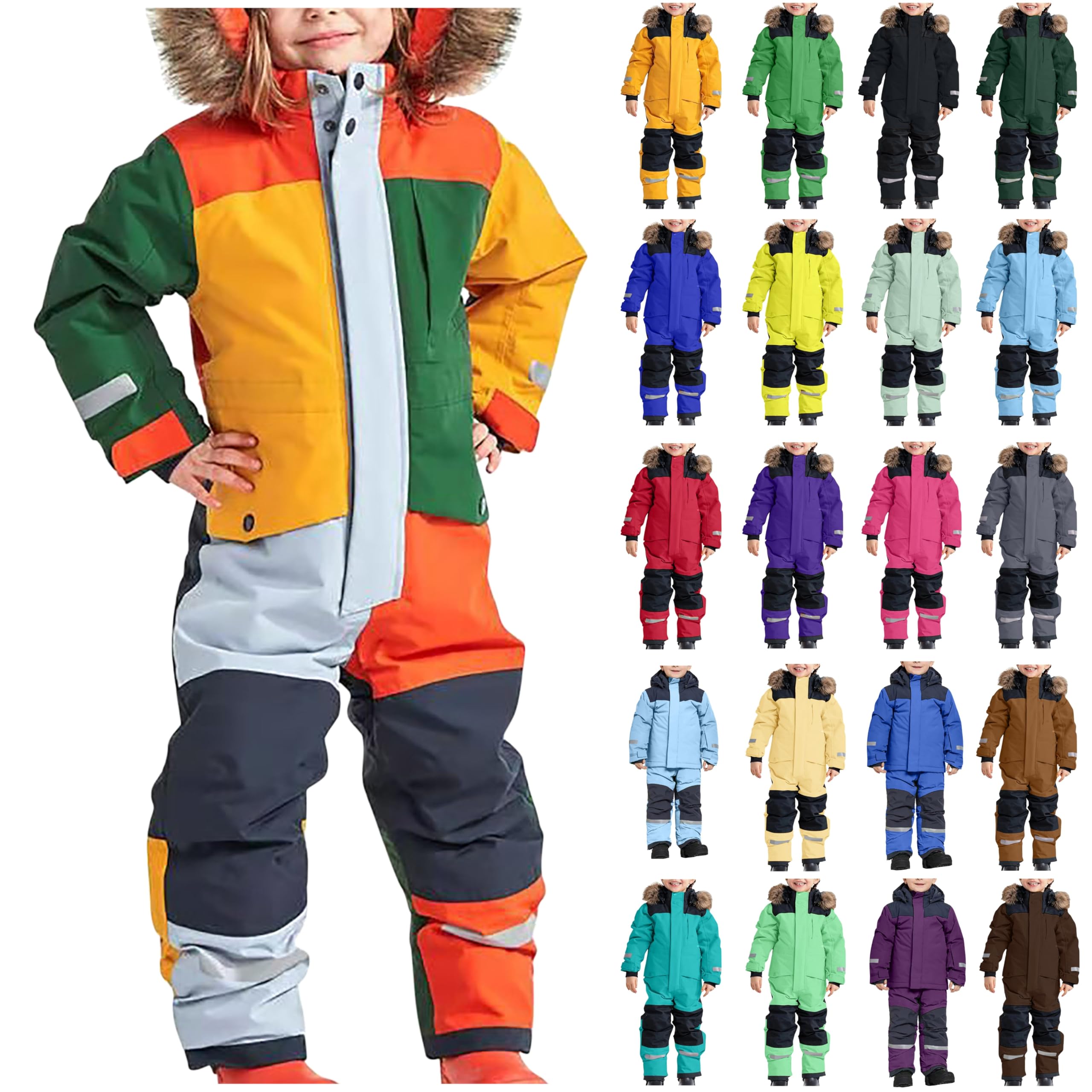 Schneeanzug Kinder Winter Warm Skianzug Wasserdicht Winddicht Winteranzug Einteilige Softshellanzug Schneeoverall mit Abnehmbarer Kapuze Reflektierenden Matschanzug Skioverall für Jungen Mädchen