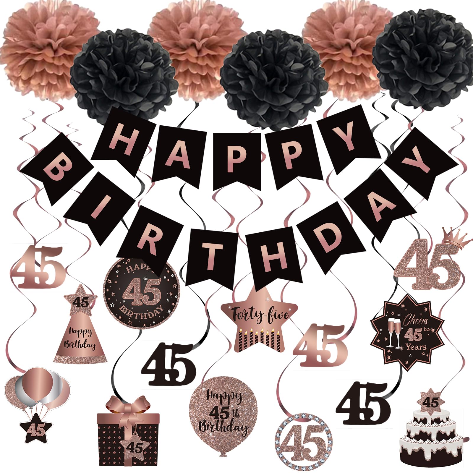BRT Bearingshui Happy 45th Birthday Hanging Swirls Streamers Decoration, Banner with Tissue Pompoms, Rose Gold & Black 45 Years Old Birthday Party Hanging Backdrop Decorations