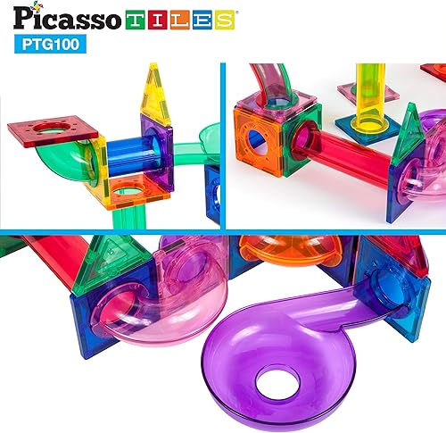 Miniatura 5 de PicassoTiles Paquete de 100 piezas de pista de carreras de canicas + estuche de transporte juego educativo STEAM para niños, incluye organizador de