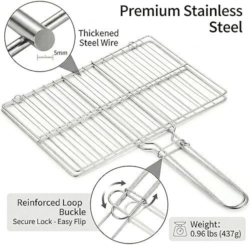 Miniatura 3 de Cesta de acero inoxidable para barbacoa al aire libre, rejilla de parrilla con cerradura resistente para pescado, verduras, carne, camarones, carne
