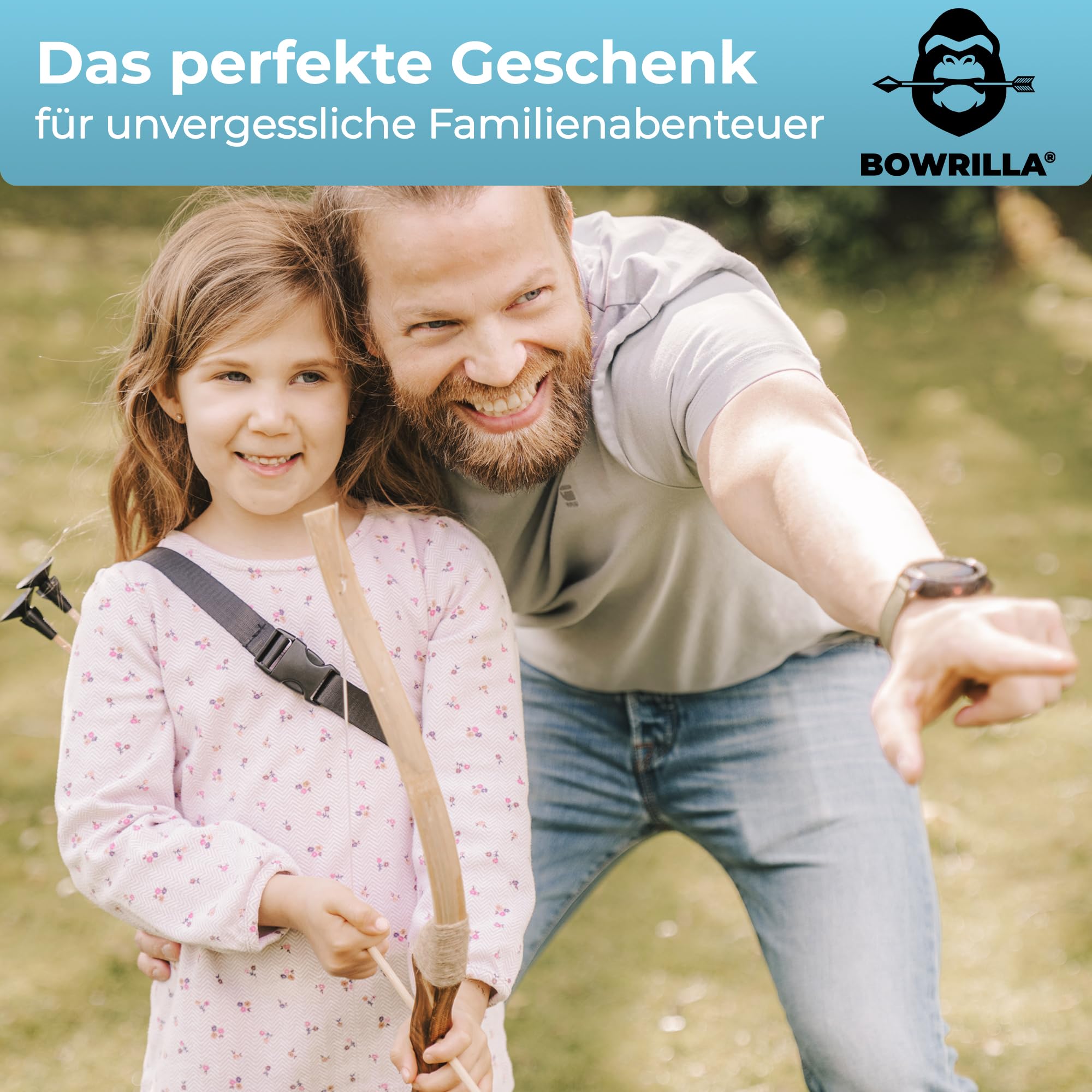 BOWRILLA® Pfeil und Bogen Kinder Set mit 6 Saugnapf-Pfeilen, Zielscheibe aus Holz und Köcher | Bogenschießen Kinder Spielzeug für Indoor- und Outdoor Spiele ab 4 Jahren | Für Rechts- und Linkshänder