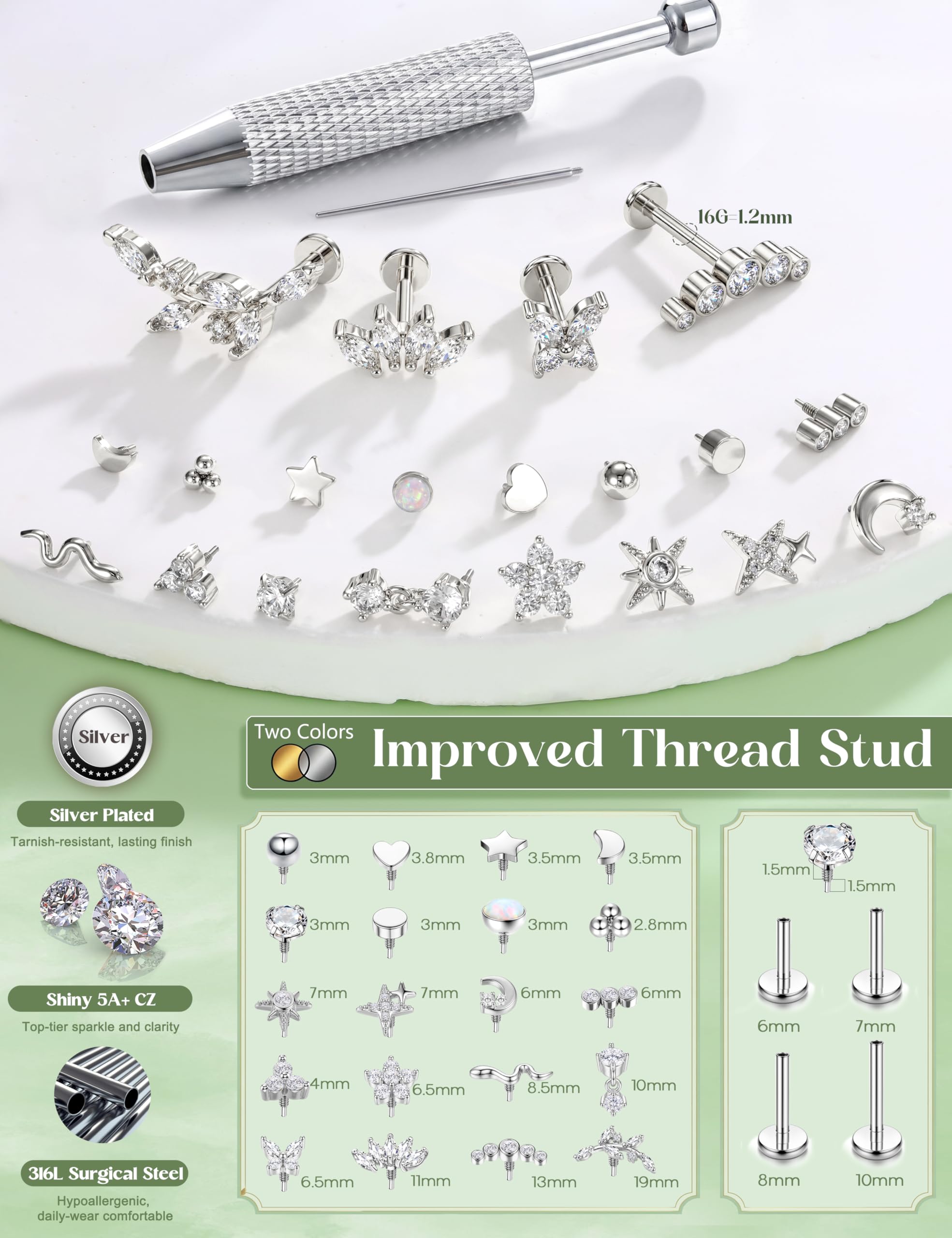 Kakonia 16G/18G Piercing Oreja Plata Oro Acero Inoxidable Pendientes Mujer Hipoalergénico Roscado Interno Cartilago Oreja Piercings Nariz Labret Conch Tragus Helix Piercing