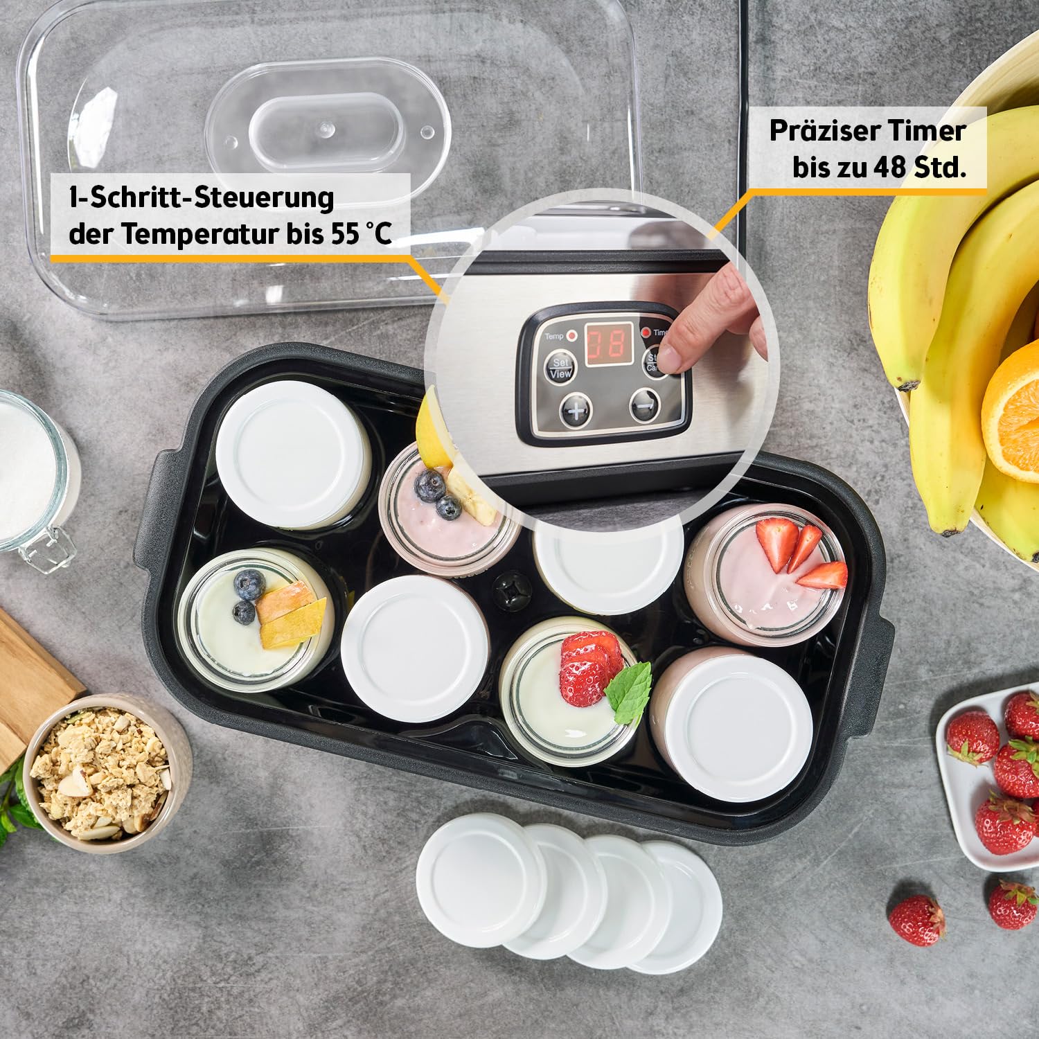 TZS First Austria - Joghurtbereiter 25W inkl. 8 Glasbehälter à 180 ml für bis 1,4L selbstgemachten Joghurt - Yogurt Maker mit Temperatur 20-55°C, Abschaltautomatik & LCD-Display - Joghurtmaschine weiß