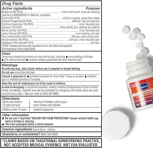 Miniatura 6 de Hyland's Naturals Flexmore, Arthritis Pain Relief, Joint Pain, Stiffness & Swelling, Rheumatic Pain, Quick Dissolving Tablets, 50 Count