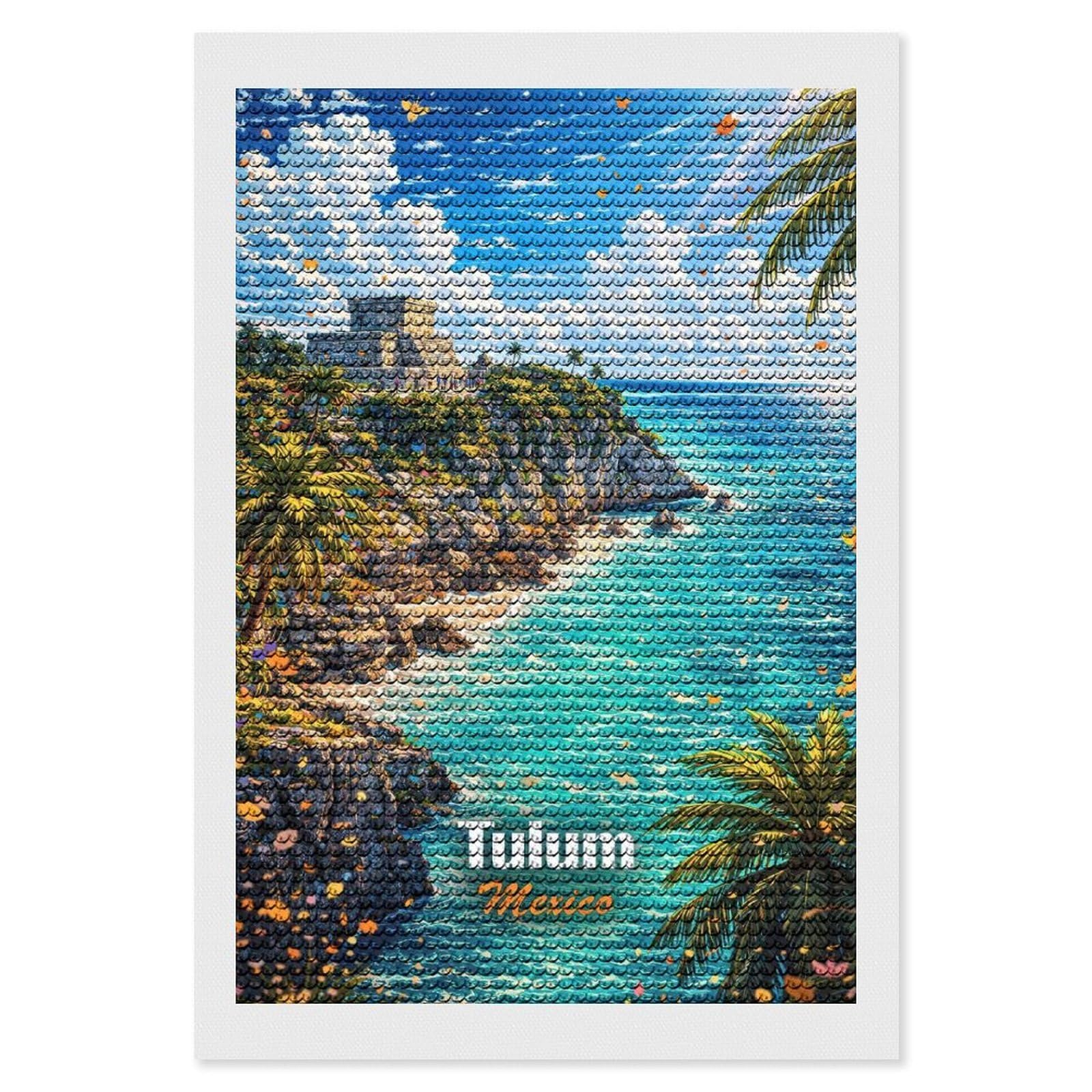 Junmoney Tulum Mexico Coastal Ruins Diamond Art Canvas 8"x12", for Adults, Good for Quiet Evenings, Bedroom Decor, Festive Craft Gift, Easy to Enjoy
