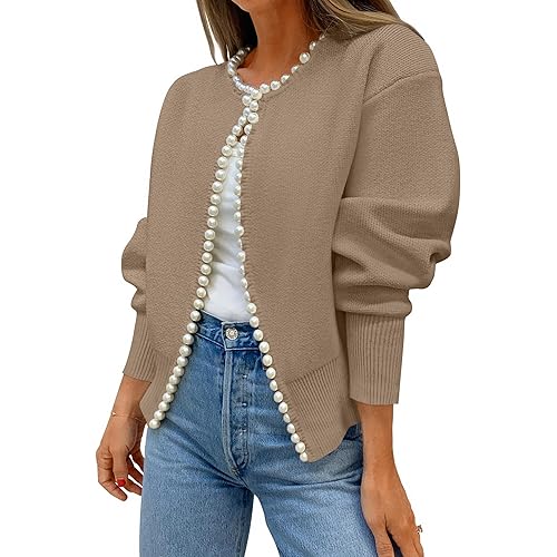 ZESICA Women's Open Front Cardigan Sweater 2026 Spring Casual Knitted Long Sleeve Pearls Trim Outerwear Coat Trendy Clothes