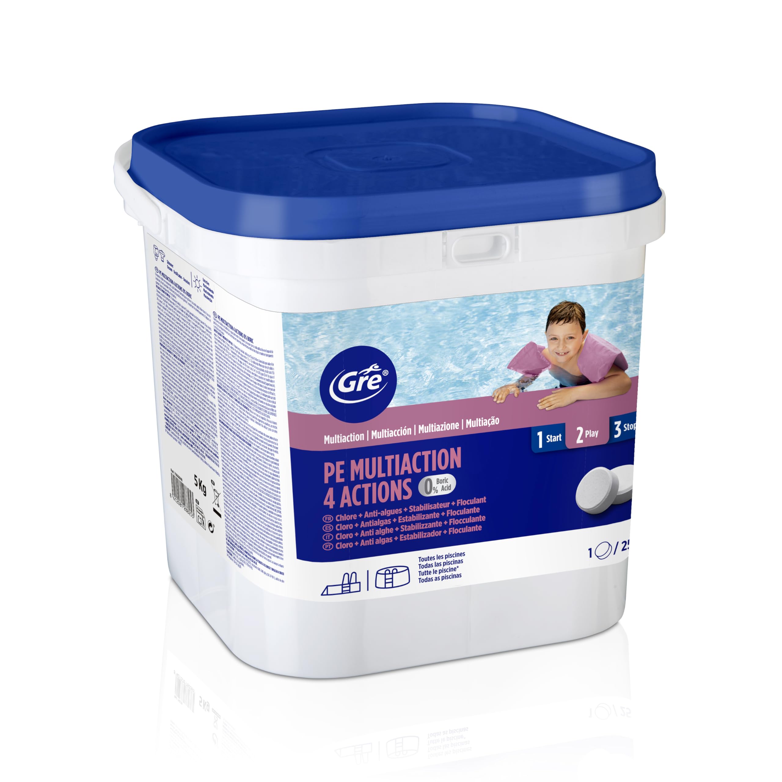 GRE 76006NB - Chlore Multiactions 4 Actions en Galets : Désinfection, Anti-algues, Floculant et Stabilisateur. Traitement et Nettoyage Complet des piscines. Galets de 250 g, 5 kg. | Galets de chlore 4 actions : désinfection, anti-algues, floculant et stab