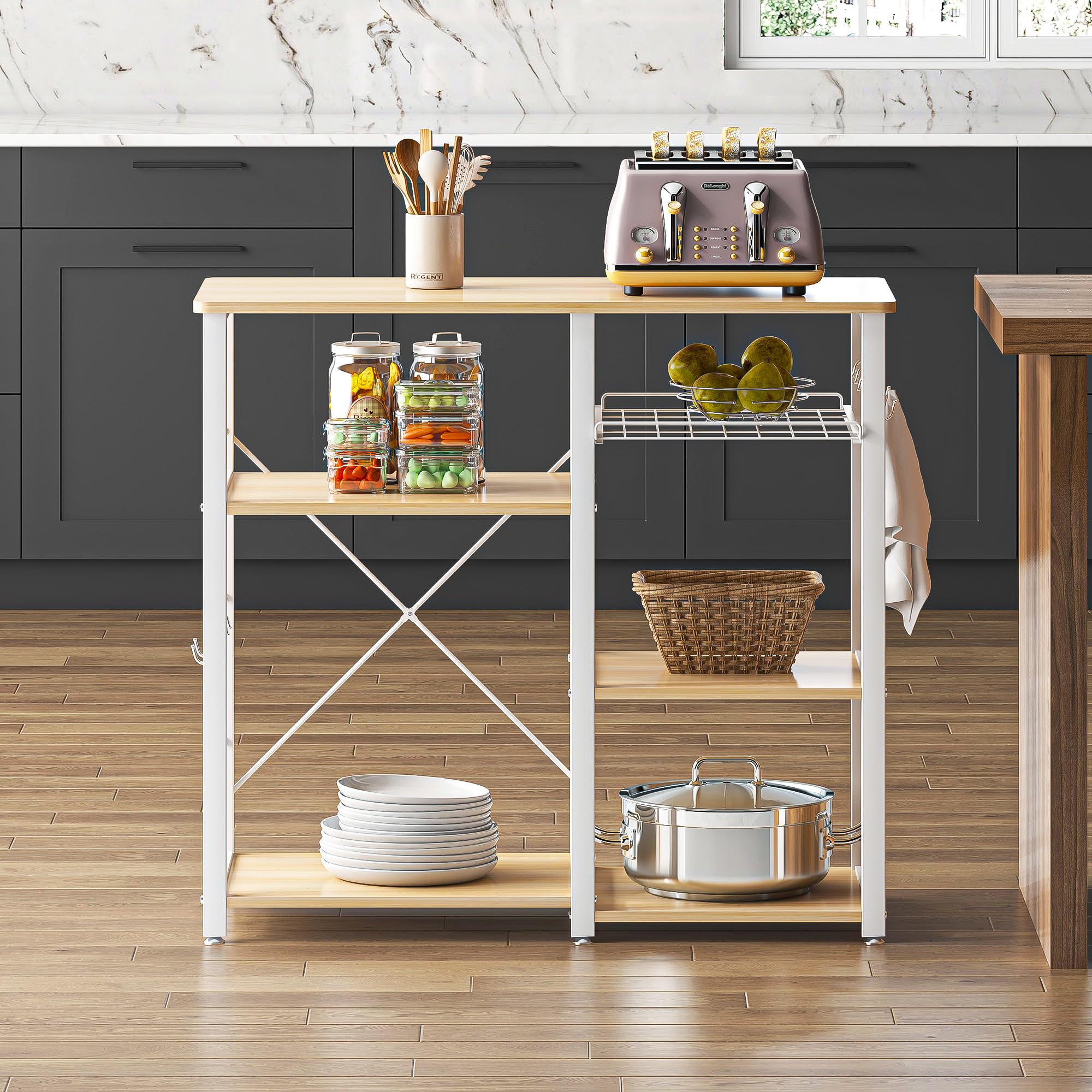 Scaffale da Cucina, 3 +4 Supporto per Forno a Microonde con Ripiani, Mobile cucina salvaspazio con cesti in Filo Metallico, 90x40x83 cm (Acero)