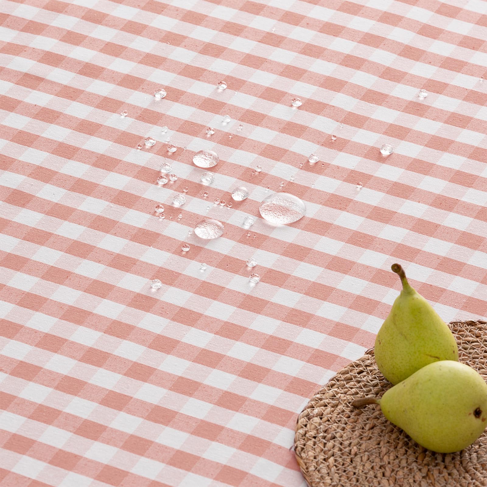 GAMUSI Stain Resistant Rectangular Fabric Tablecloth Vichy Chequered Waterproof Cotton, 140 x 300 cm Salmon Colour - Image 2