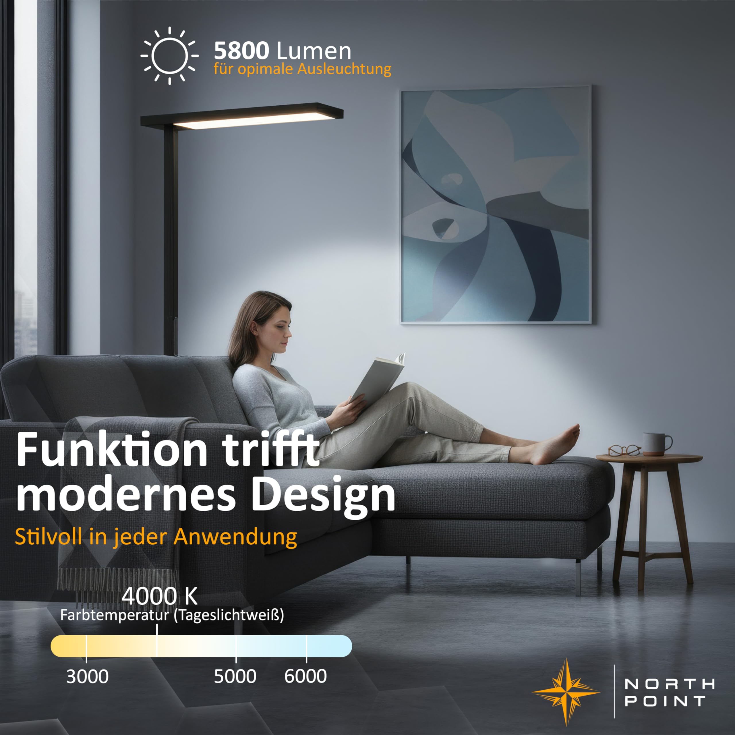 Northpoint LED Stehlampe 100W Büro-Standleuchte mit Bewegungsmelder & Touchsteuerung – 5800 Lumen, 4000K Tageslichtweiß, dimmbar, Favoritenmodus, Timer Büro- & Wohnzimmerlampe (schwarz)
