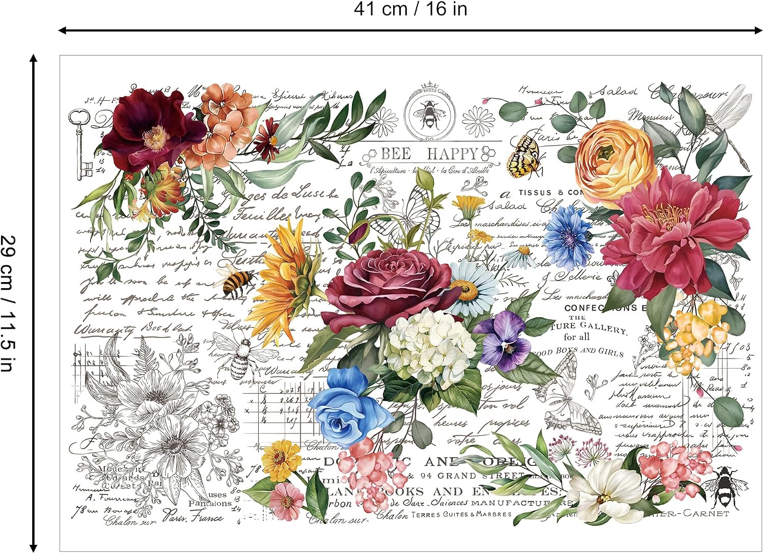 Joeyan Floral Bouquet Rub On Transfers for Furniture and Crafts, 2 Large Vintage Flower Design Sheets 12''x18'', DIY Home Decal on Wood Glass Metal Canvas Porcelain Paper Plastic, Peony Letters