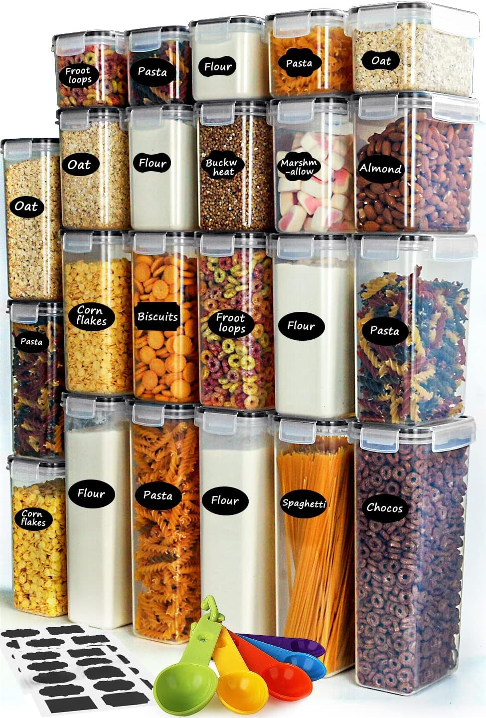 VERONES Airtight Food Storage Container Set - 23 PACK - Kitchen & Pantry Organization - BPA-Free - Plastic Canisters with Durable Lids Ideal for Cereal, Flour & Sugar - Labels, Marker & Spoon Set