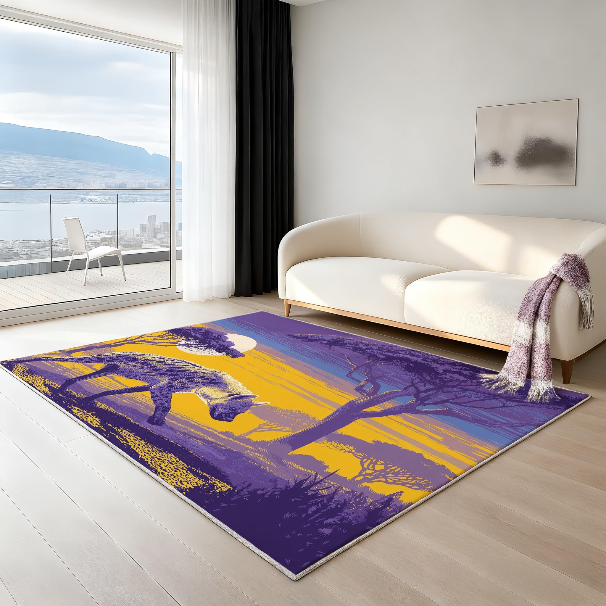 Generisch 80 x 150 cm, fantazyjny dywan z motywem zwierzęcym, dywan dla graczy, plemienny, z zapięciem na rzepy, hiena, sawanna, zachód słońca, można prać w pralce, dekoracja sypialni, pokoju