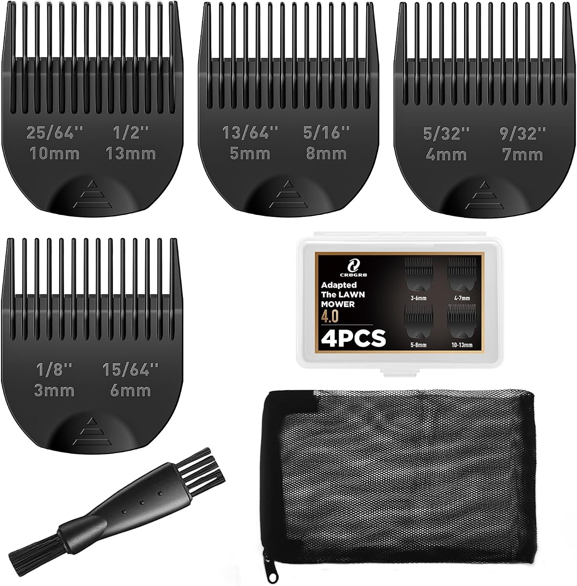 Guards Compatible with Manscaped The Lawn Mower 4.0, 4 Pack 8 Cutting Lengths from 1/8"-1/2" Inch with Brush, Organizer and Bag, Guide Comb for Manscaped 4.0 Attachments