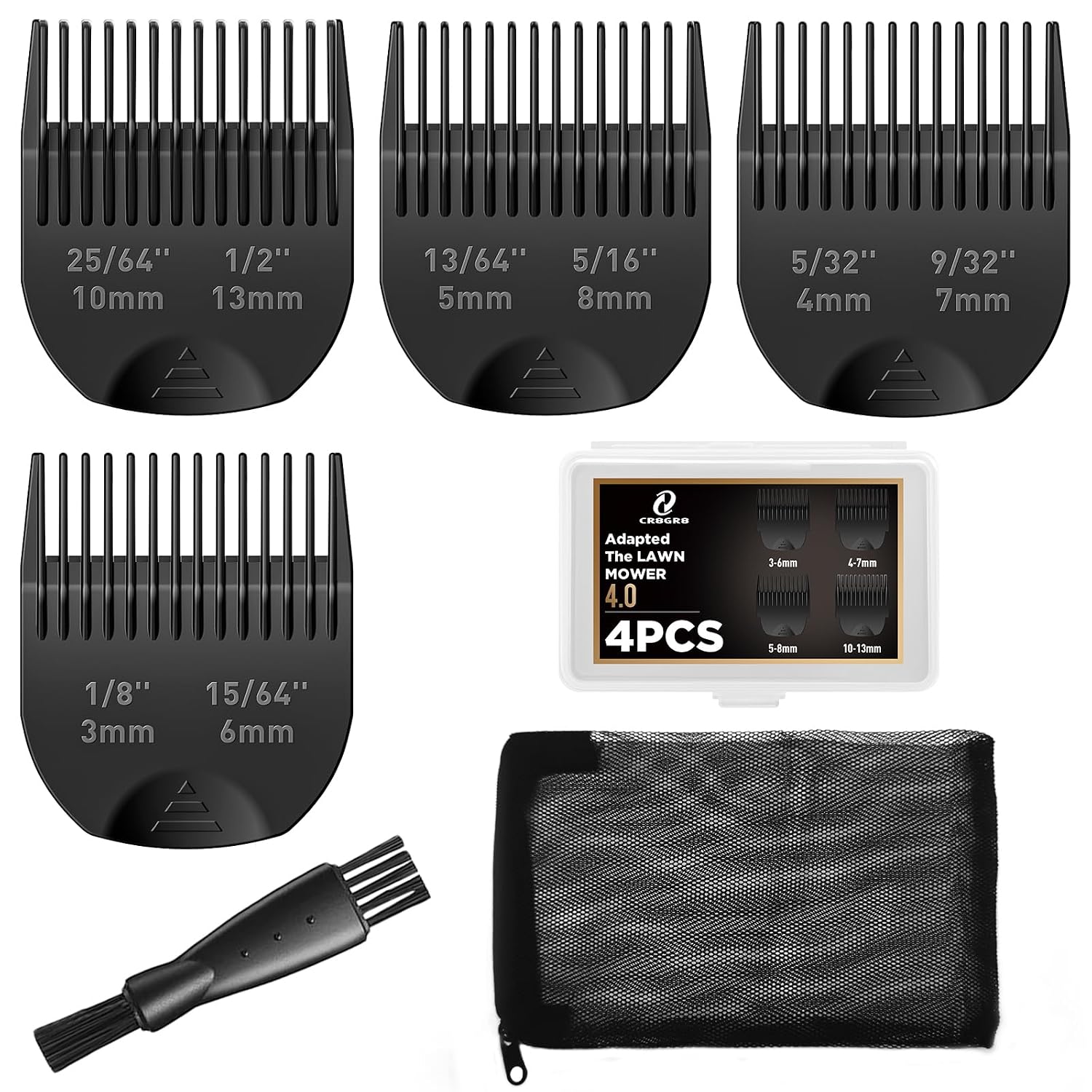 Guards Compatible with Manscaped The Lawn Mower 4.0, 4 Pack 8 Cutting Lengths from 1/8"-1/2" Inch with Brush, Organizer and Bag, Guide Comb for Manscaped 4.0 Attachments