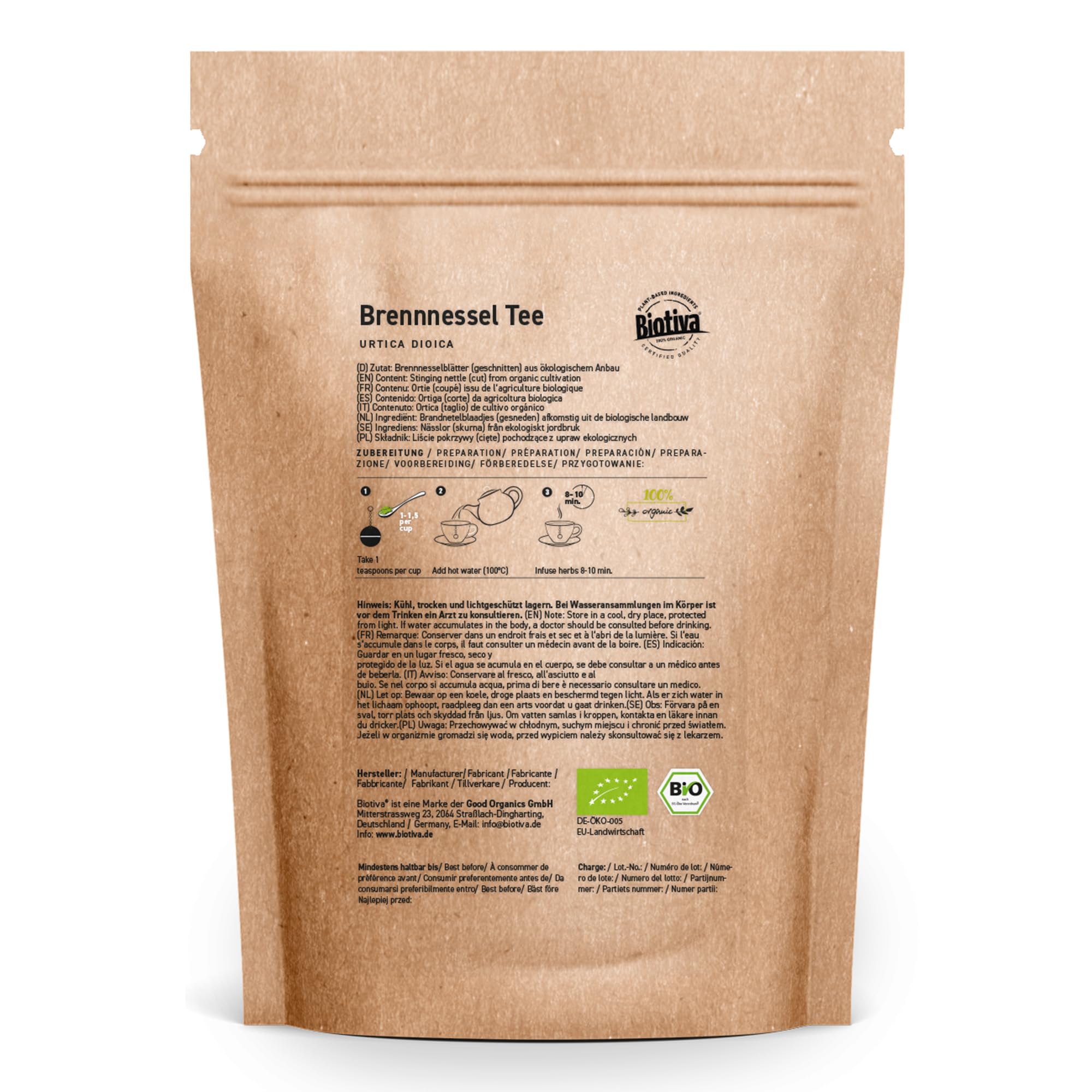 Tè di foglia d'ortica Bio 100g | foglie uniche | 100% biologico | confezionato e controllato in Germania | Biotiva