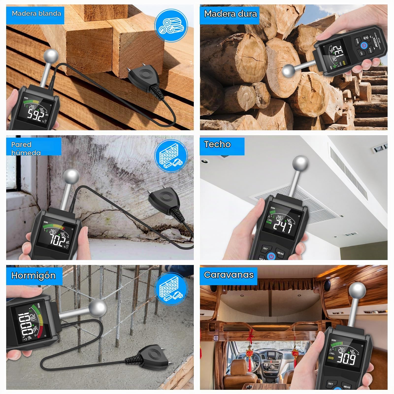 Medidor de Humedad, MESTEK Humidímetros,2 en 1 Medidor Humedad Pared con LCD en Color y Alarma Audible, Detecta 20-40 mm de Pared, Madera, Ladrillo, Hormigón y Otros Materiales de Construcción