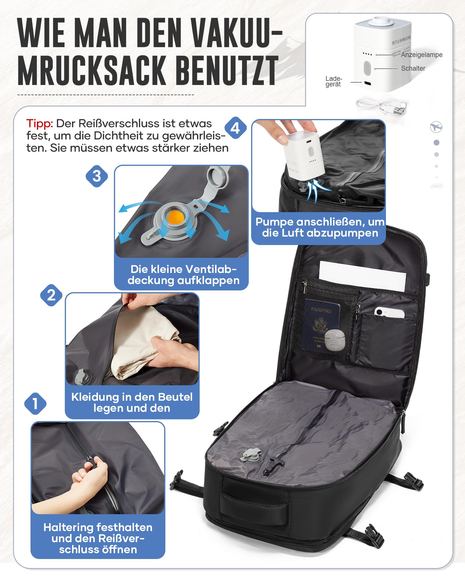 Vakuum Rucksack Handgepäck Flugzeug mit Schuhfach, Ryanair Reiserucksack Handgepäck mit Vakuumsystem, Rucksack Wasserdicht für Damen Herren Große(Schwarz)
