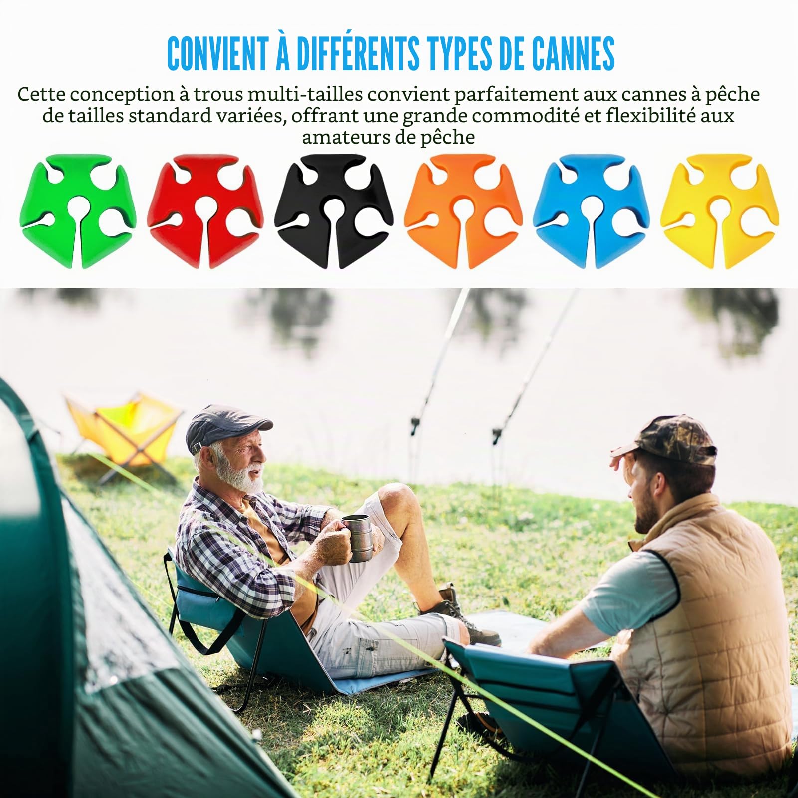 Attache Canne a peche Portable pince Caoutchouc Canne à pêche Fixateur Elastique Balle Fixe Scratch pour Protéger Outils de pêche Réutilisables Accessoires Porte 6 Pièces