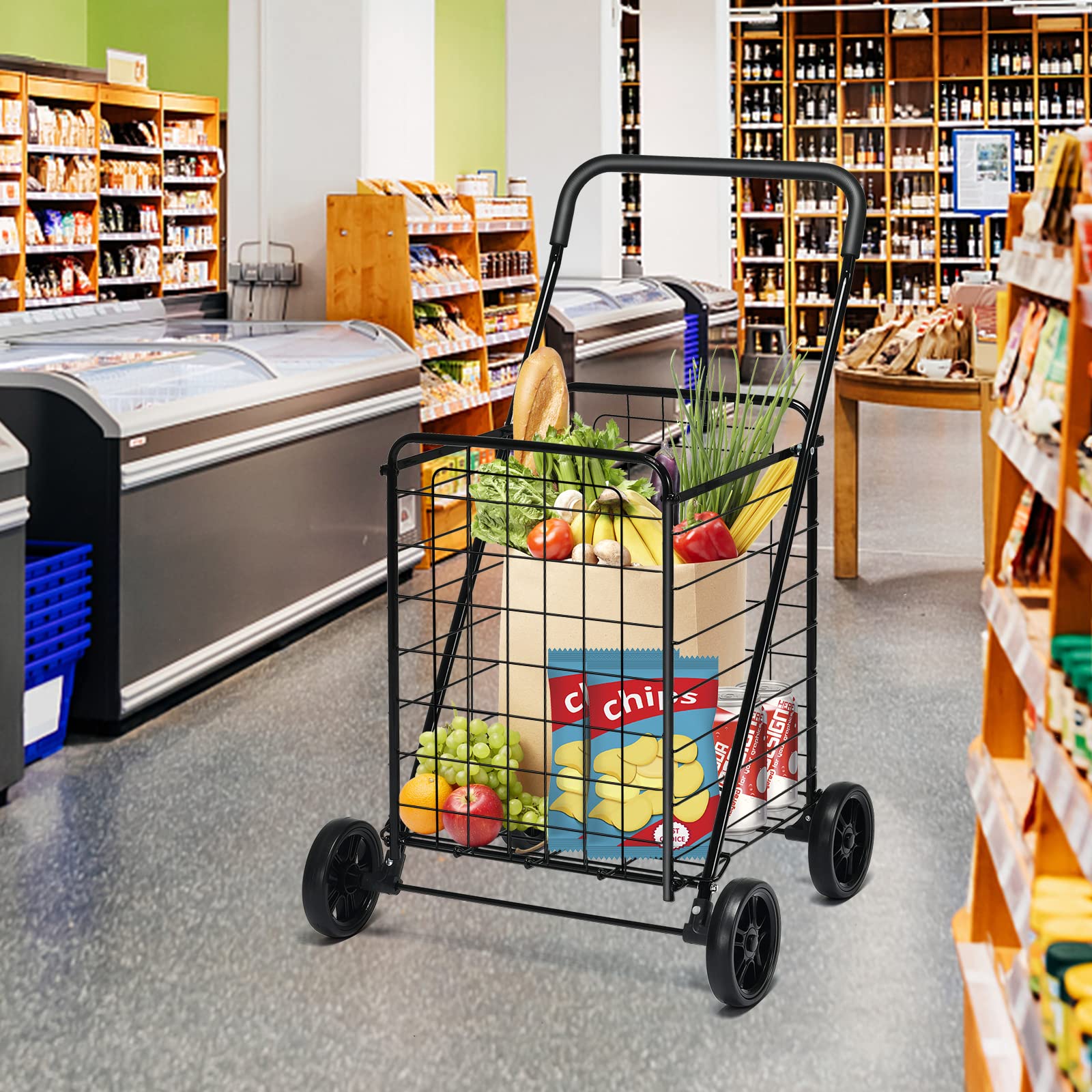 GYMAX Carrello Porta Spesa, Trolley Pieghevole a 4 Ruote, Carico di 45 kg, Capacità di 83 L, Cestino in Metallo, Bracciolo Antiscivolo, Compatto e Salvasapzio(M, Nero)