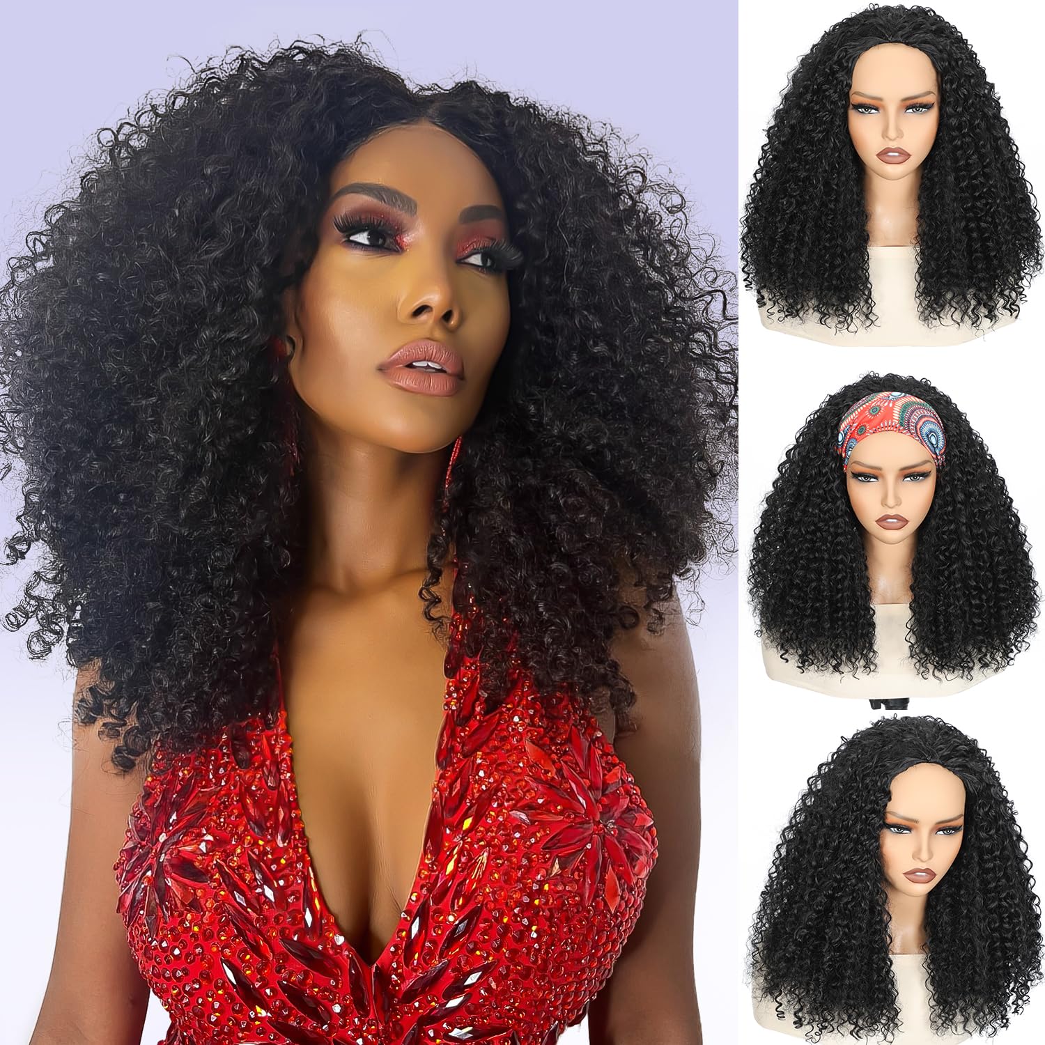 Photo 1 of 20 Inch Kinky Curly Half Wig, 3-in-1 Upgrade Synthetic Half Wig with Drawstring, 210% Density Seamless Clip-In & Flip-Over Headband Wig for Women, Wear and Go Beginner Friendly, Natural Black