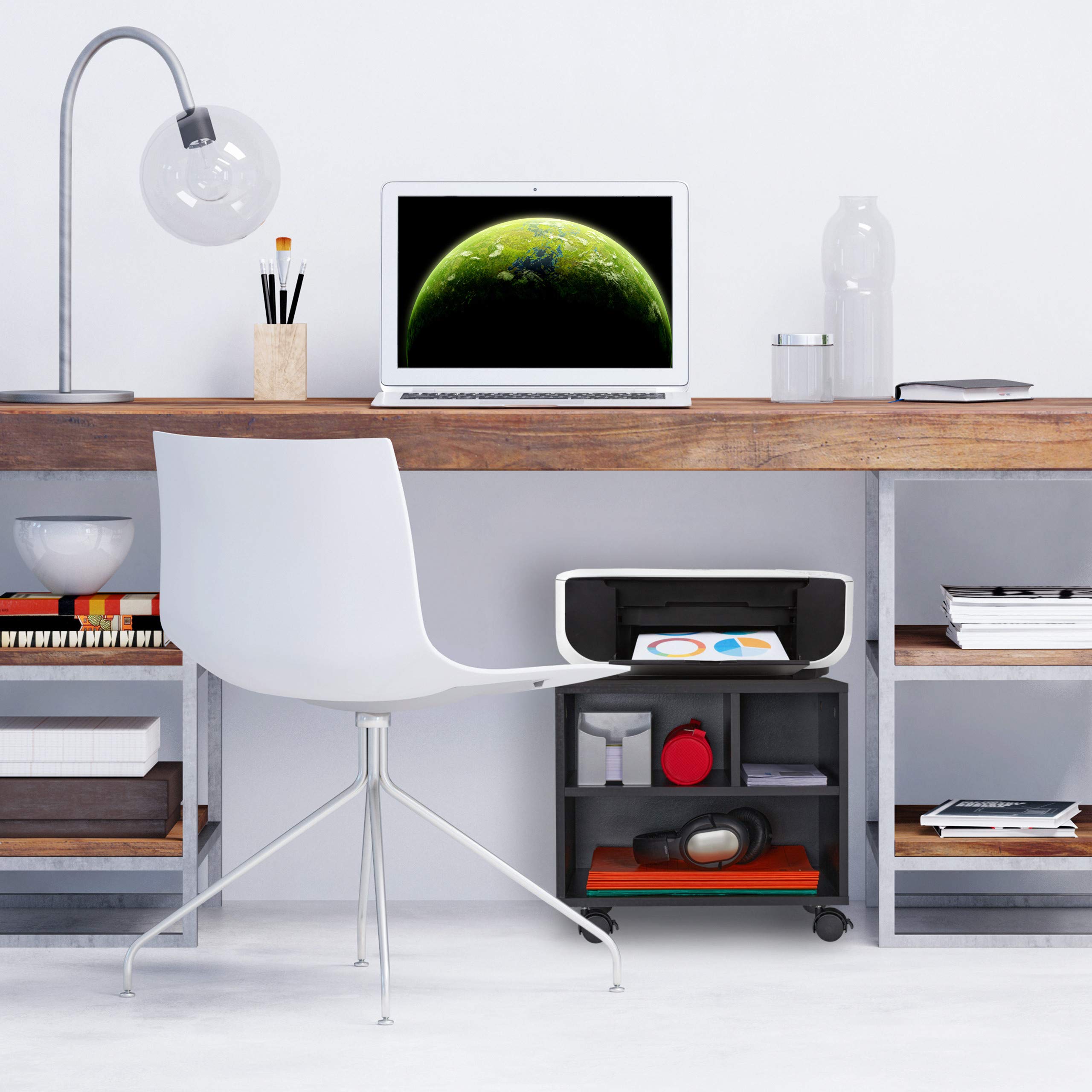 Relaxdays Carrello Porta Stampante, 3 Scomparti Aperti, per Ufficio, Mobiletto con Ruote, HxLxP 35,5 x 40 x 30 cm, nero