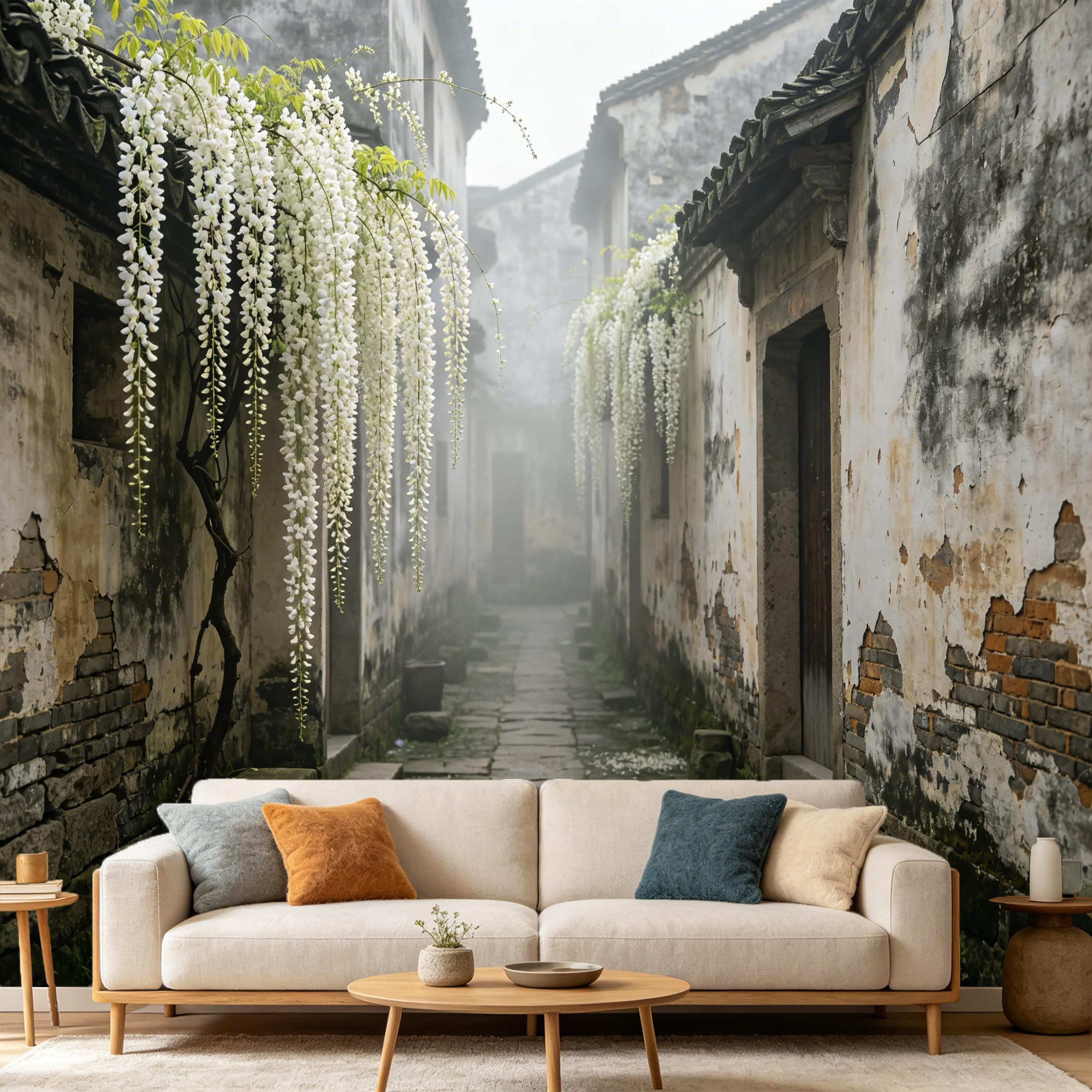 Custom Size Wall Mural Asian Mist Alley White Wisteria Flowers Ancient Town Landscape SelfAdhesive Art Prints wall Fabric（No PVC） Removable Wallpaper Home Bedroom Decor