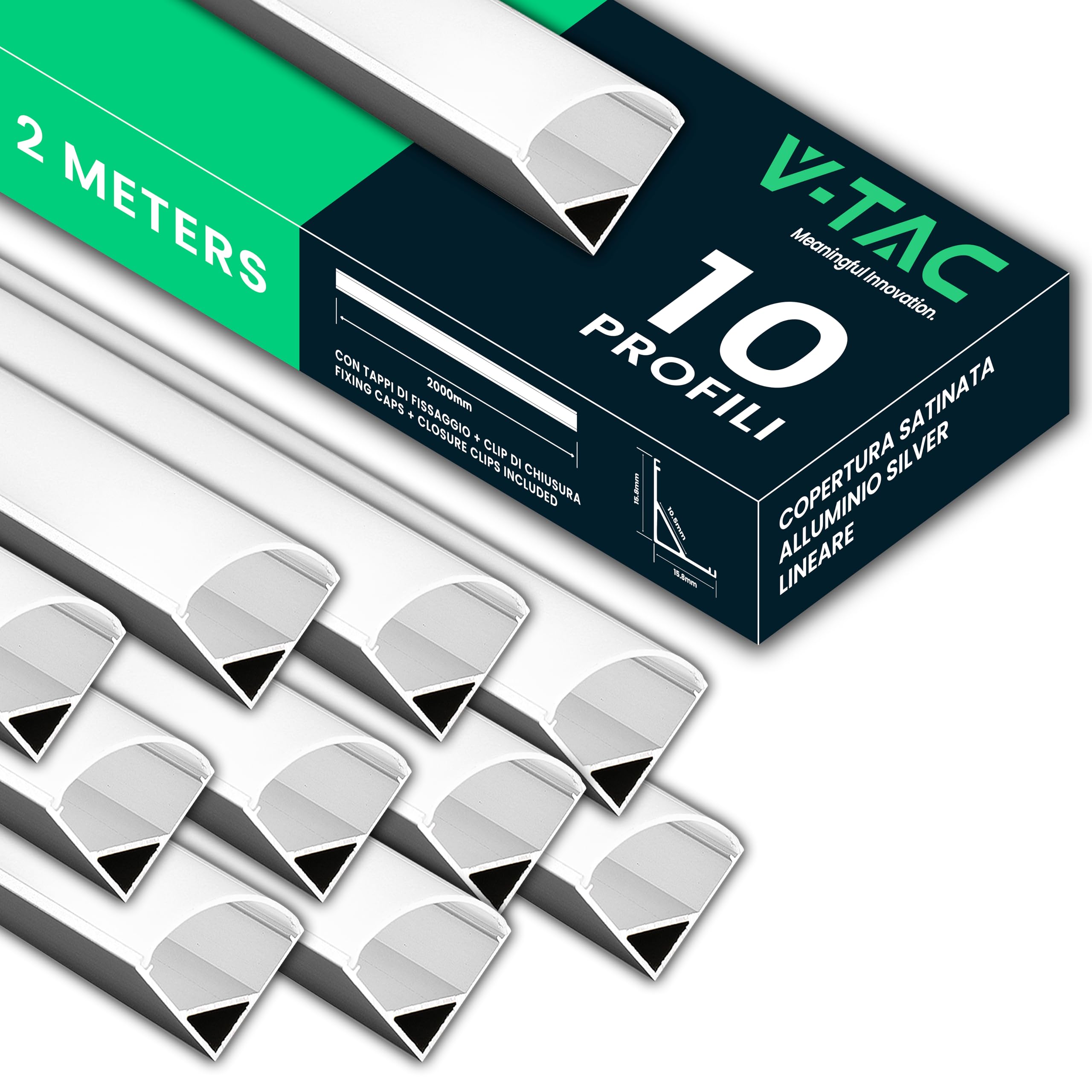 V-TAC 10x Profili Angolari da 2 METRI per Strisce Led - (20 Metri Totali) - Profili per Strisce LED in Alluminio con Copertura Opaca - Colore Argento - Angoli 21,3 x 15,8mm