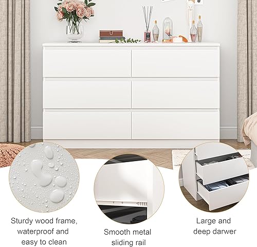 Miniatura 4 de Spaco Cómoda blanca para dormitorio, cómoda de 6 cajones, cómoda y cómoda, cómoda de madera, muebles de dormitorio, cómoda de TV ancha para