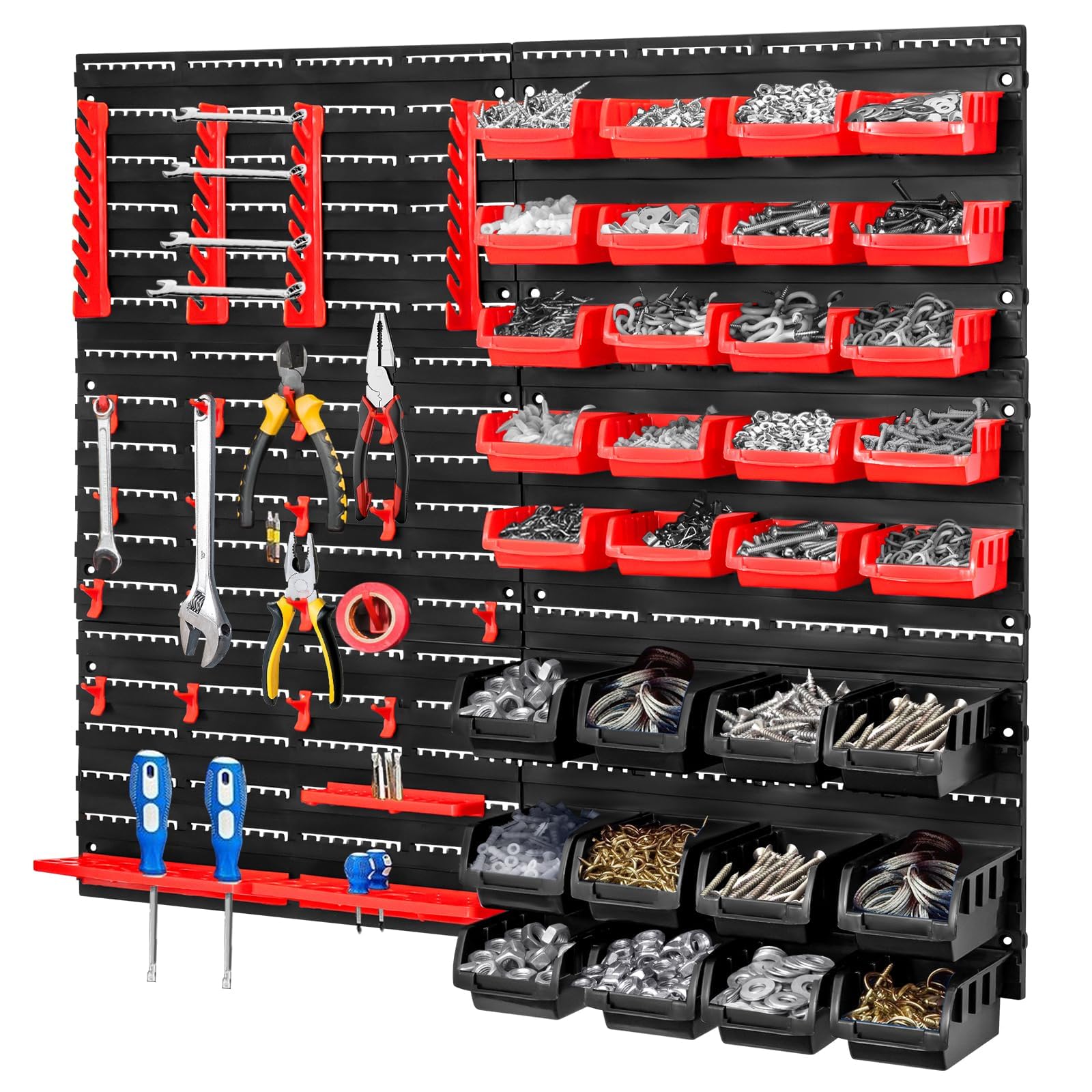 CROWNSHOP 32 PCS Wall Mounted Storage Bins Kit 64 * 41cm Garage Boxes Plastic Rack Parts Organiser Utility Kit With Stackable Boxes for Garage Workshop (Red+Black 70PCS)