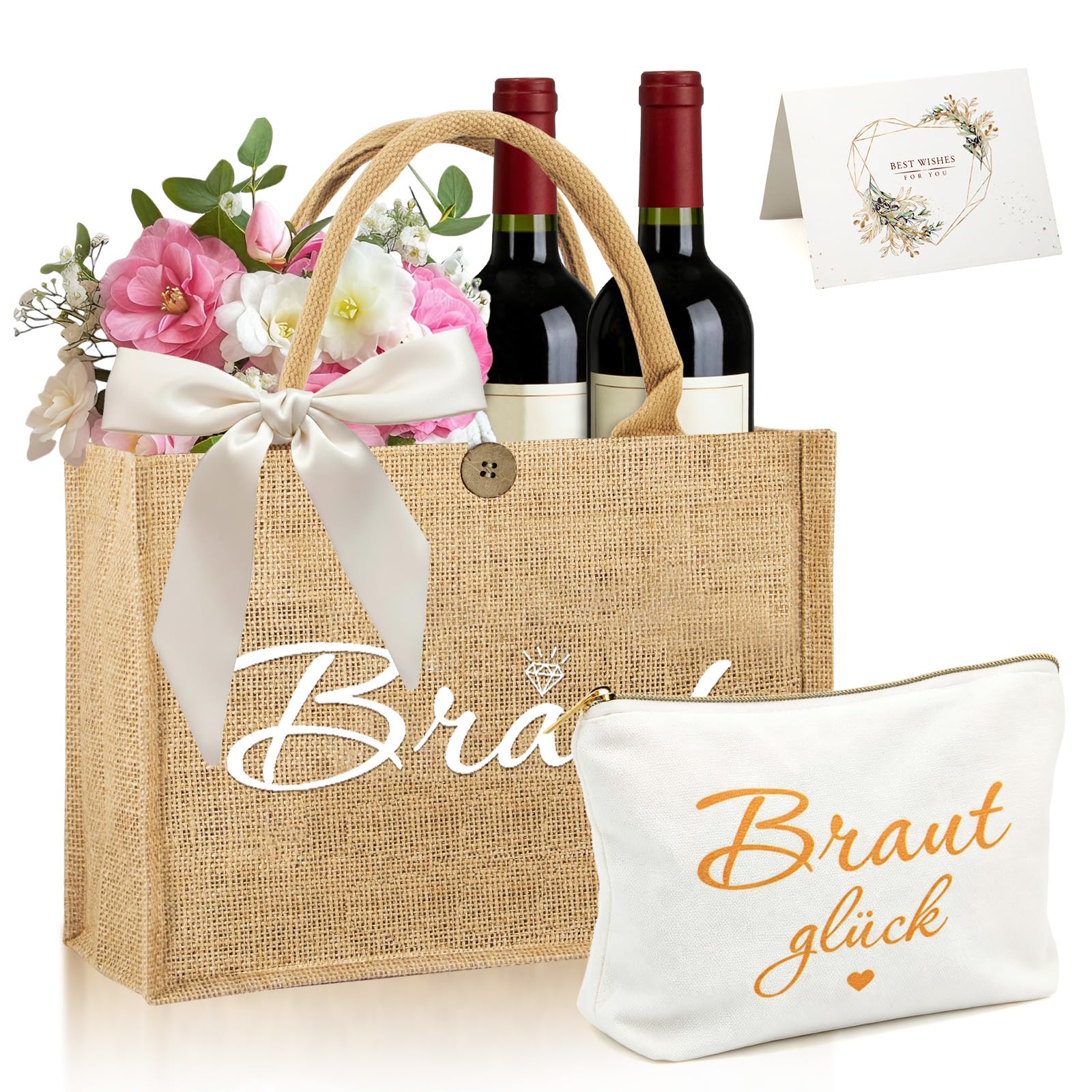 SPOKKI Jute Braut Tragetasche Tasche Braut Jutetasche mit Kosmetiktasche Weißem Schleifenband Grußkarte für Bride, Brautparty, Brautdusche, Junggesellenabschied, Hochzeit, JGA Bride Tote Bag
