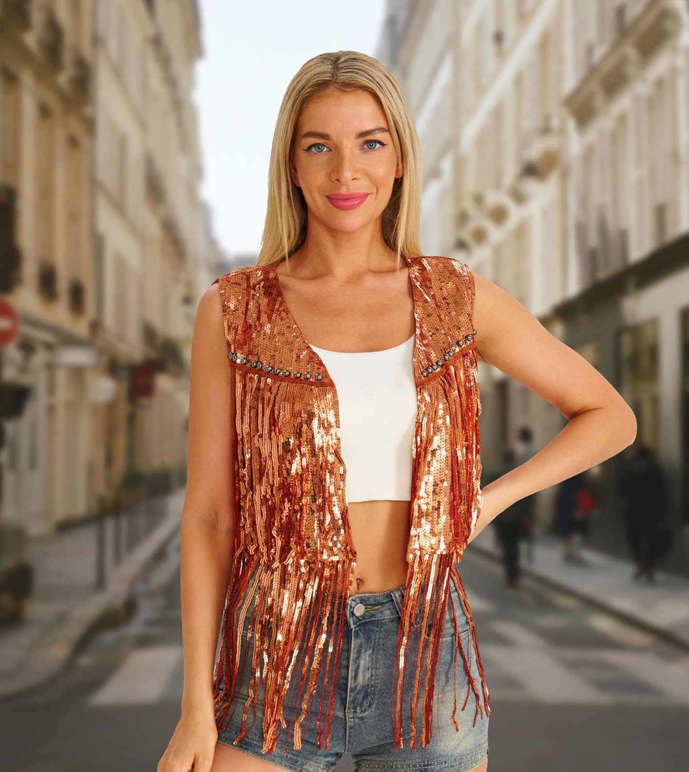 Women's sequin Fringe Vest 70s Hippie Costume Tassel Sleeveless Cowgirl Western Costume Jacket Outerwear - Image 5