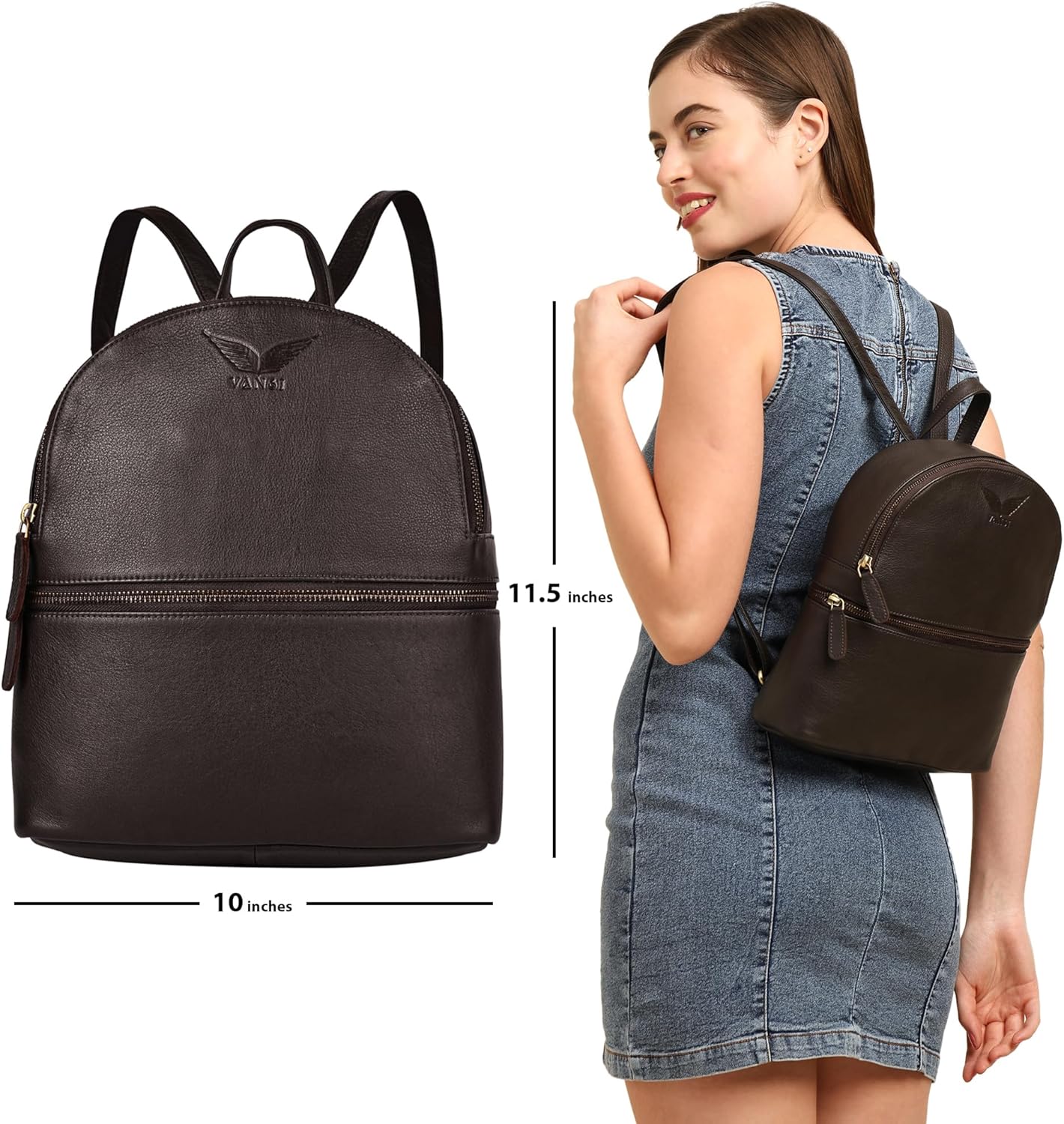 VANSI Soft Hand Crafted Genuine Leather Women Laptop iPad Backpack Flexible Adjustable Top School College Office Travel Purse Handbag Adjustable Straps Fits iPad upto 11 inches (BROWN)
