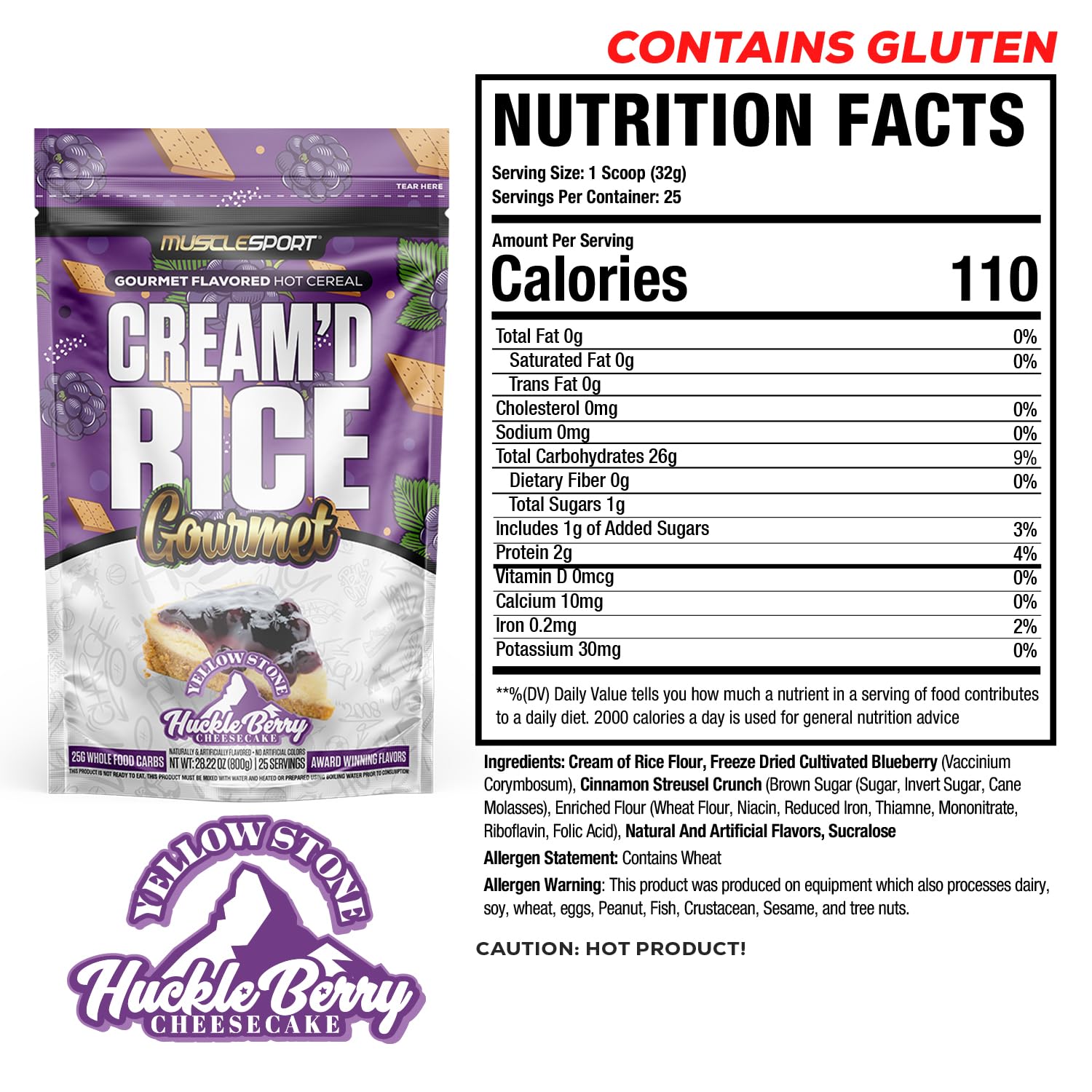 Musclesport Cream'd Rice Gourmet - Hot Rice Cereal with premium flavor inclusions, 25 servings (Huckleberry Cheese)