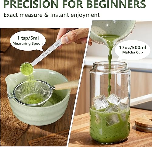 Miniatura 3 de Juego de 9 batidores de matcha, kit de cerámica Matcha incluye cuenco matcha, batidor y soporte, cuchara de bambú y reposo, vidrio con pajilla,