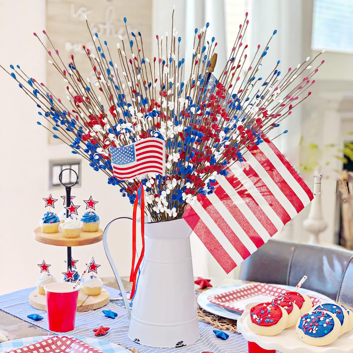 120 Pcs Artificial Jasmine Flowers Stems with Blue White Red Berry for Patriotic Decorations, 21.6" Long Stem Jasmine Faux Flowers for 4th of July Home Independence Day Decor