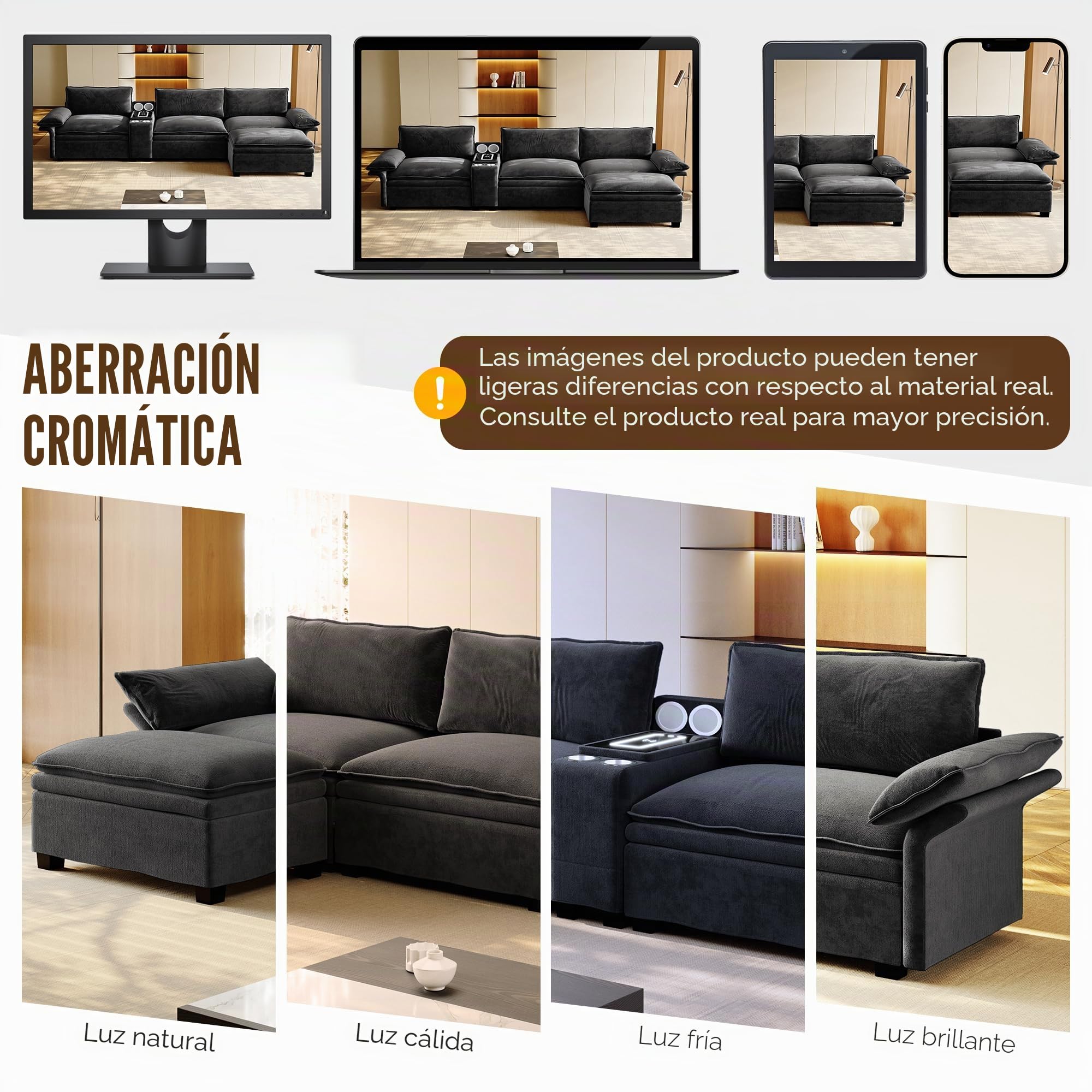 Sofá modular en L de 315 cm con otomano, chenilla Cloud sofá con espacio de almacenamiento, carga inalámbrica, altavoz Bluetooth, luz ambiental y 2 soportes para bebidas, 4 plazas para salón y oficina