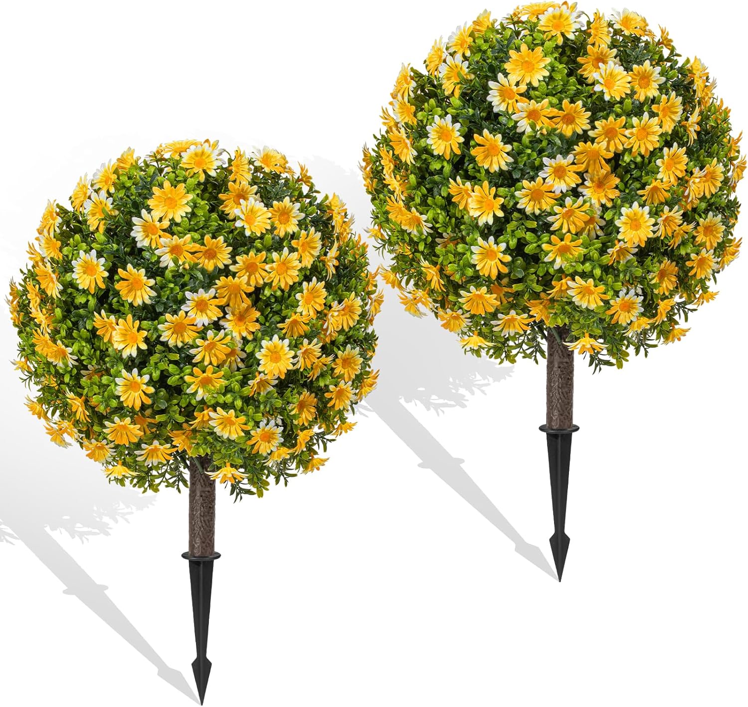 Fall Artificial Topiary Ball with Spike Set of 2, Faux Boxwoods for Outdoor Planters, UV Resistant Artificial Outdoor Plants for Porch, Fake Bushes Round Shrub with Orange Yellow Flower