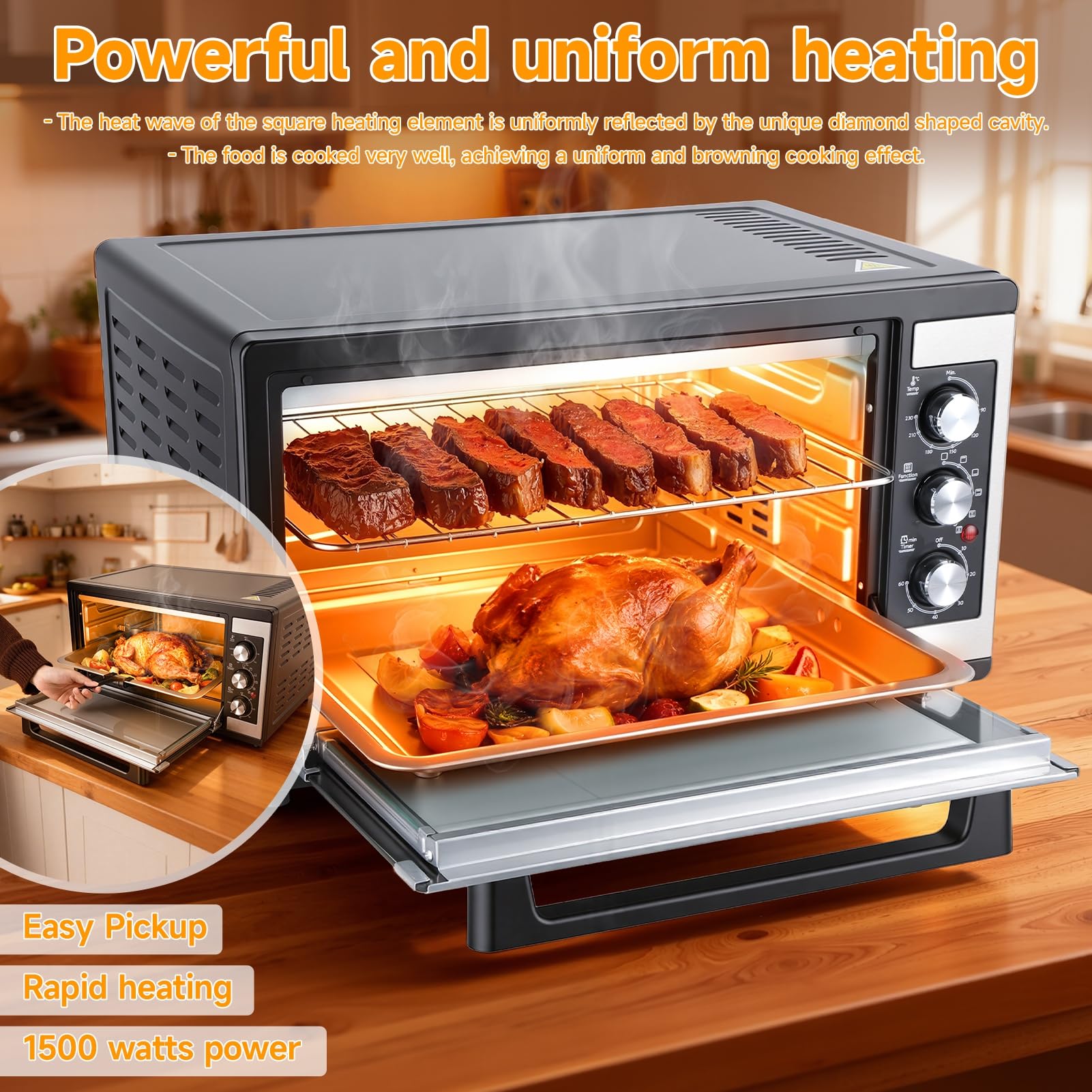 Grand four à convection de 46 litres, four de comptoir 9-en-1 avec fonctions Crispy Roast, déshydratation et rôtissoire, 6 accessoires inclus, 1 500 W, acier inoxydable UE