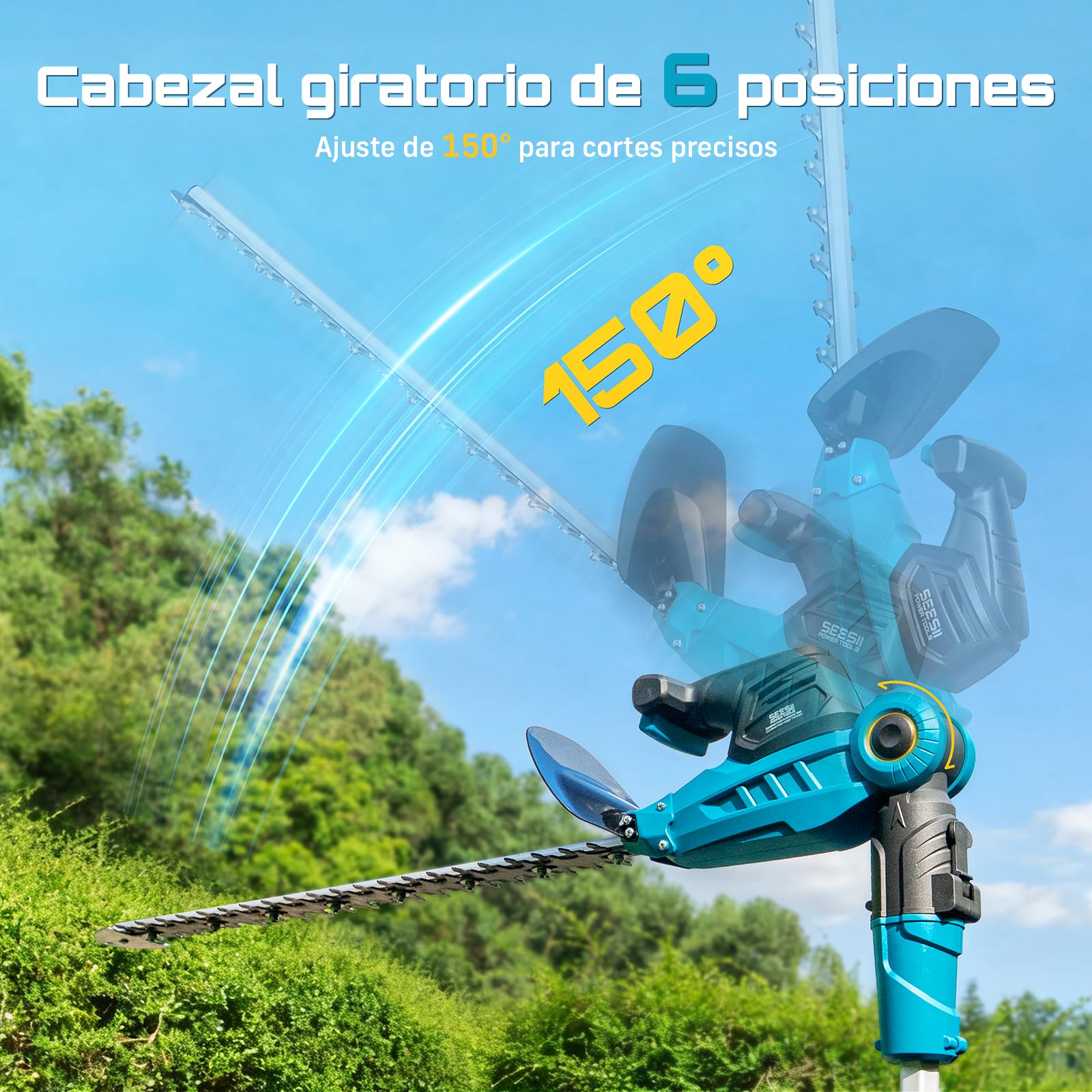 SEESII Cortasetos a Batería 2 en 1, Cortasetos Telescópico con Hoja Doble de 53 cm, Alcance Máximo de 2,6 m, Capacidad de Corte de 18 mm, 2 Baterías de 4,0 Ah, Ideal para Árboles y Arbustos del Jardín
