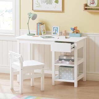 Spirich Kids Desk & Chair Set with Drawer & Shelves - Wooden Study Table for Ages 3-8, Safe Storage Workstation for Homework & Crafts