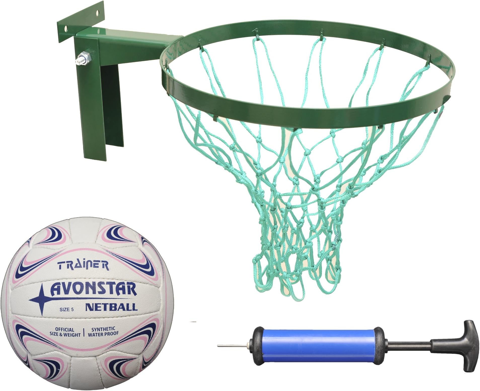 Deal Package Strong Netball Hoop INCLUDES size 5 netball and Pump Robust Hoop made in Britain, Regulation, Green