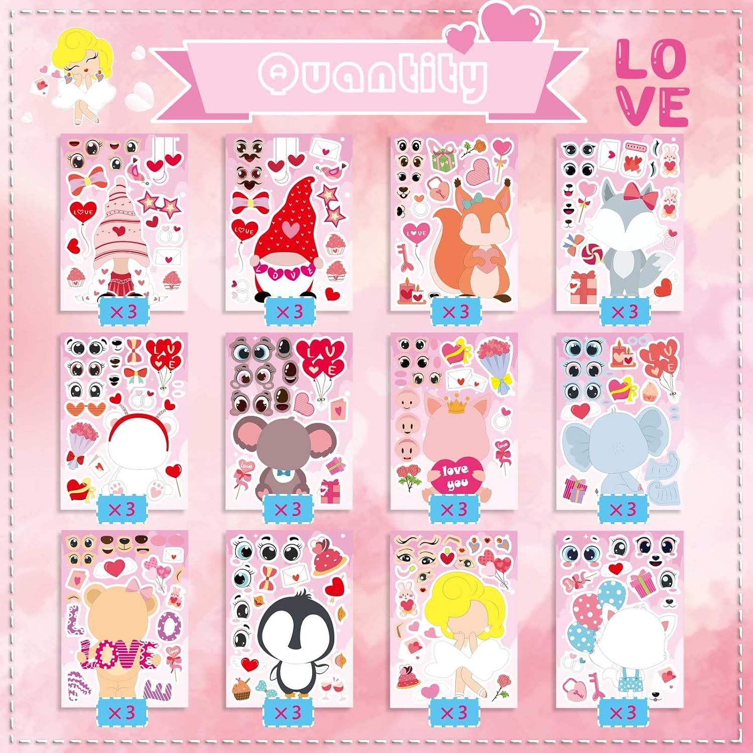 36 Sheets Valentine's Day Stickers for Kid, Make Your Own Valentines Stickers 12 Designs of Bear Penguin Elephant Squirrel Gnome Sticker Valentine Party Gift Decorations Supplies image 2