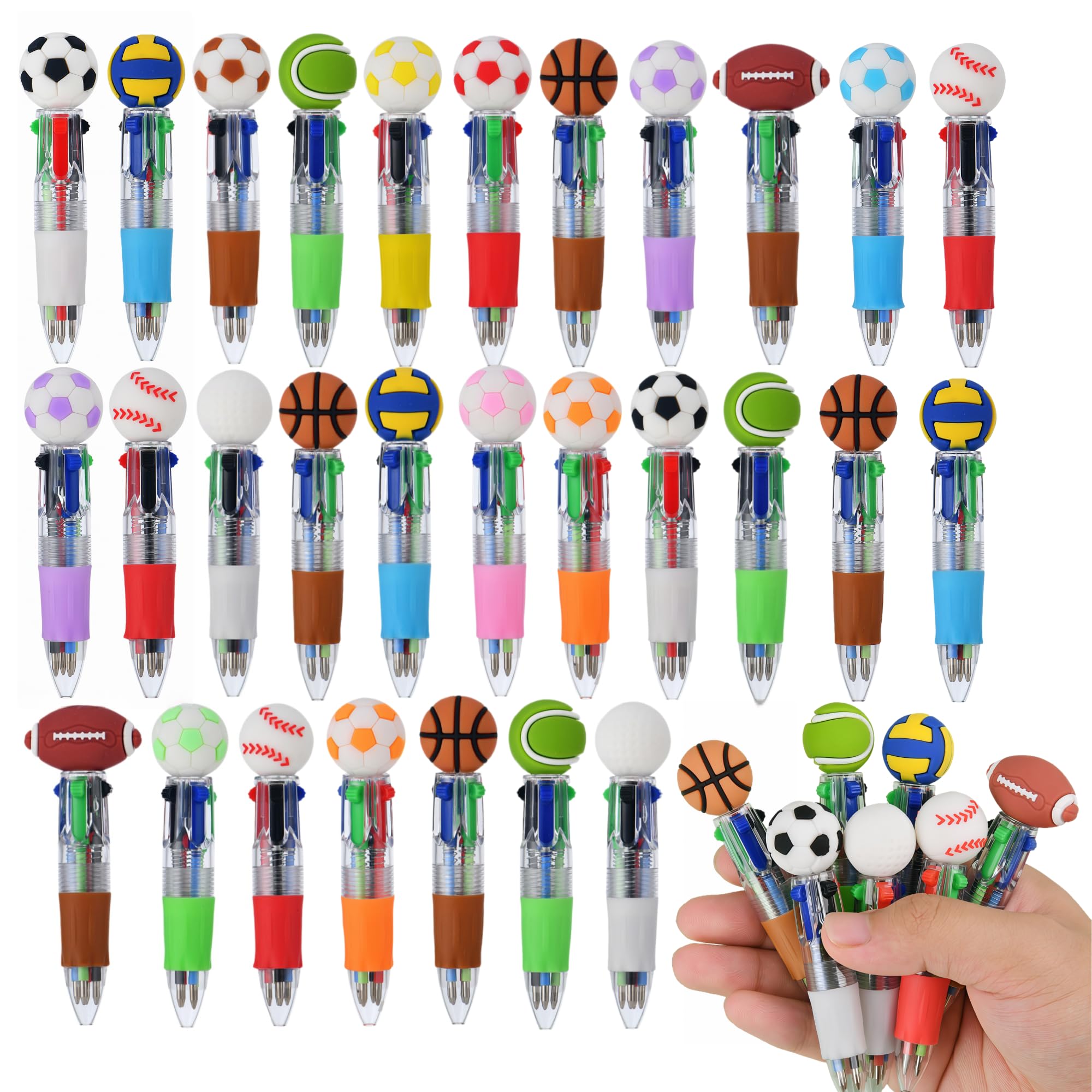 Oneshow Mini penne a sfera sportive 4 in 1, set di penne a sfera divertenti a tema sportivo, calcio, basket, pallavolo, regali per gli amanti dello sport, ideale per premi in classe, regali per feste