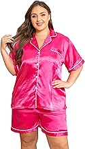 Vozanet Women's Short Sleeve Satin Pajama Sets Silky Ladies Button Down Loungewear Plus Size Nighty Shorts Sets XL to 5XL