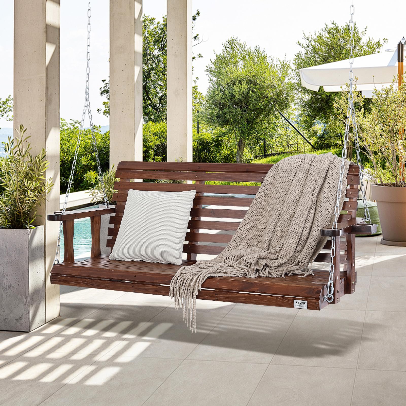 VEVOR Columpio de Madera para Porche 170x71x60cm, Columpio de Banco para Patio y Jardín, Capacidad de Carga Fuerte Mejorada de 880 Libras, Banco de Silla con Cadenas Colgantes para Exteriores, Marrón