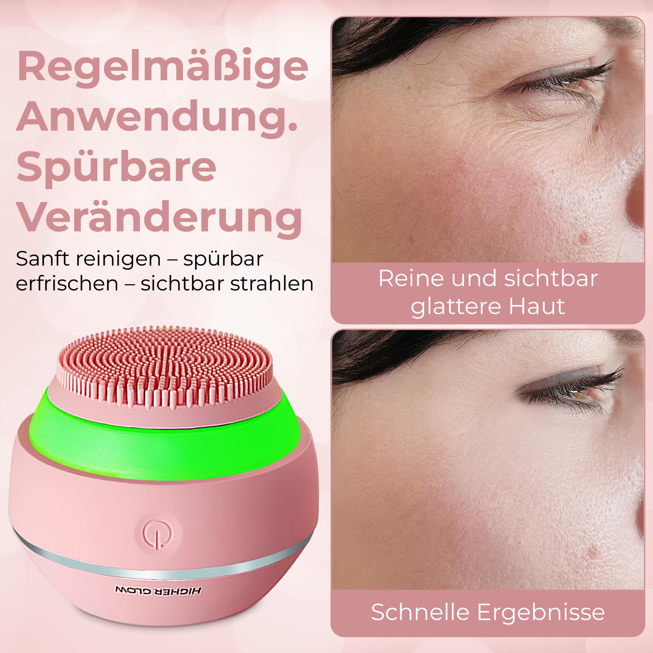Higher Glow – Premium Elektrische Silikon-Gesichtsreinigungsbürste mit 3D-Schallvibration – Porentiefe Reinigung, Anti-Aging Pflege & Farbtherapie – Wiederaufladbar, wasserdicht & für alle Hauttypen