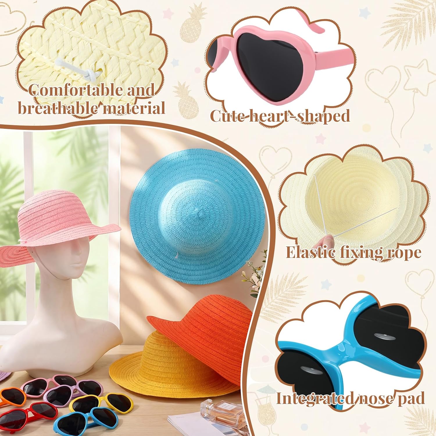 Unittype 40 Pcs Colorful Straw Sun Hat and Heart Sunglasses Set, Bulk Unisex Hats for DIY Crafts Birthday Tea Party Favors Wedding Summer Beach Pool Decorations