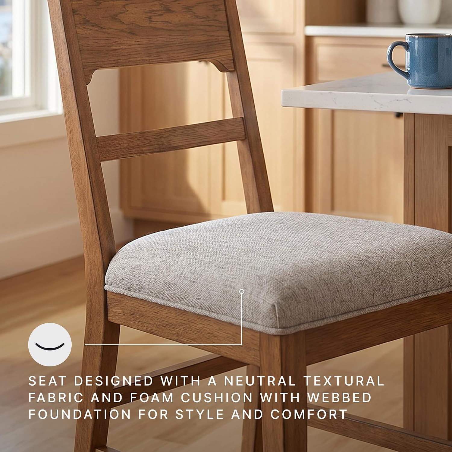 Signature Design by Ashley Counter Height Bar Stools Set of 2, Light Brown | Solid wood frame, Hickory veneer and MDF substrate backrest, Oatmeal polyester upholstery, Farmhouse style, Cabalynn Series
