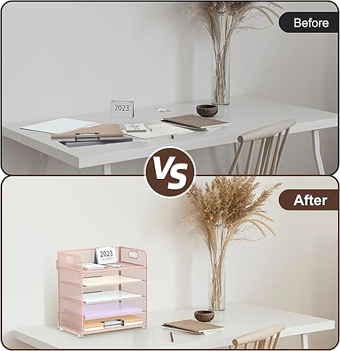 Miniatura 4 de Supeasy Organizador de papel con 5 bandejas, bandeja de cartas con asa de malla, organizador de archivos de escritorio, clasificador de papel rosa